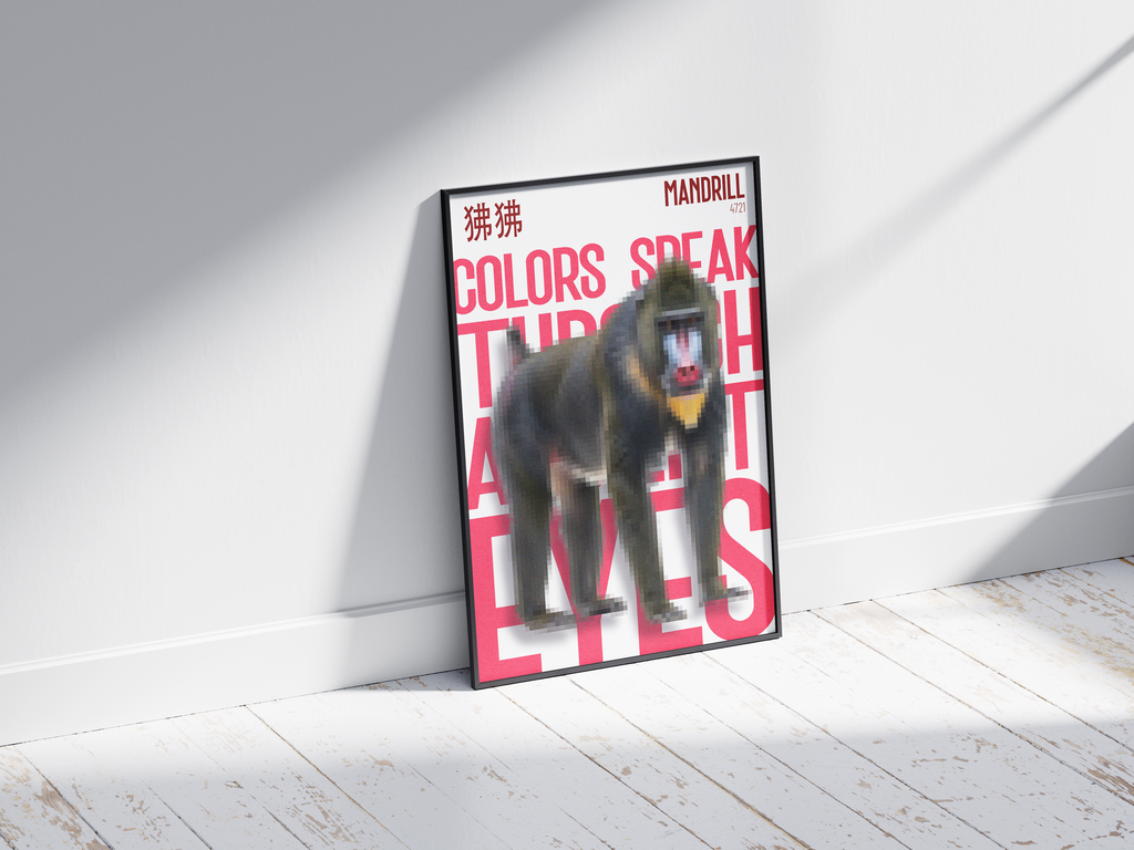 Bold, pixelated mandrill art poster with vibrant facial colors and striking crimson-red text "COLORS SPEAK THROUGH ITS EYES" and Chinese characters. Modern wall art perfect for a study, living room, or eclectic, graphic-inspired interior.