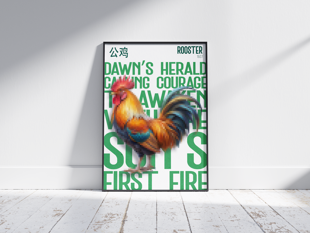 Vibrant, pixelated rooster art poster in colorful reds, golds, and blues with bold green text "DAWN'S HERALD CALLING COURAGE" and Chinese characters. Modern wall art perfect for a kitchen, farmhouse-chic space, or dynamic contemporary interior.