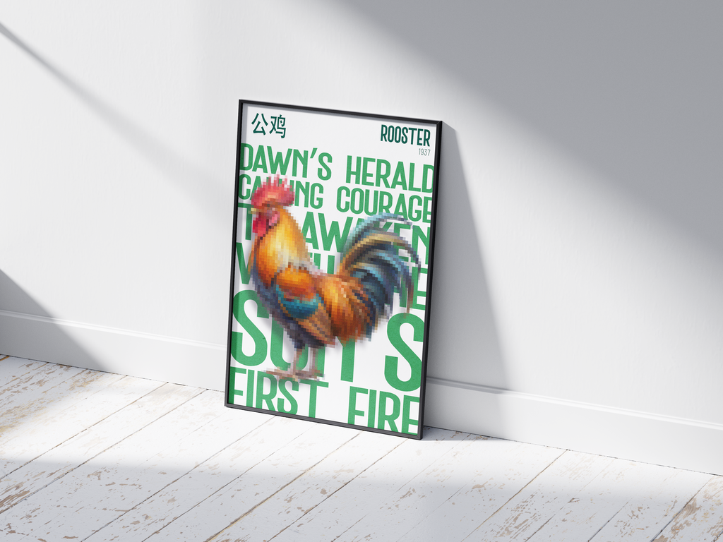Vibrant, pixelated rooster art poster in colorful reds, golds, and blues with bold green text "DAWN'S HERALD CALLING COURAGE" and Chinese characters. Modern wall art perfect for a kitchen, farmhouse-chic space, or dynamic contemporary interior.