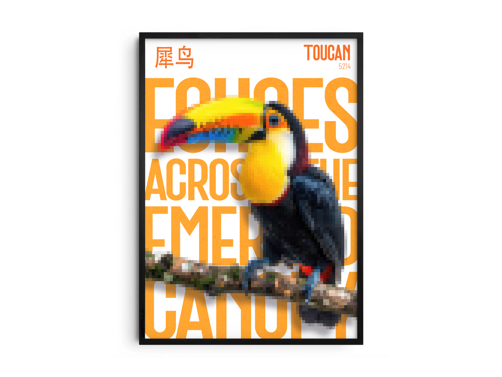 Vibrant, pixelated toucan art poster with multicolored beak and bold orange text "ECHOES ACROSS THE EMERALD CANOPY" and Chinese characters. Modern wall art perfect for a tropical, maximalist, or contemporary living space.