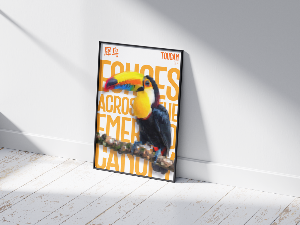 Vibrant, pixelated toucan art poster with multicolored beak and bold orange text "ECHOES ACROSS THE EMERALD CANOPY" and Chinese characters. Modern wall art perfect for a tropical, maximalist, or contemporary living space.