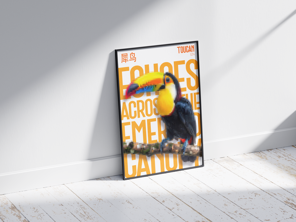 Vibrant, pixelated toucan art poster with multicolored beak and bold orange text "ECHOES ACROSS THE EMERALD CANOPY" and Chinese characters. Modern wall art perfect for a tropical, maximalist, or contemporary living space.