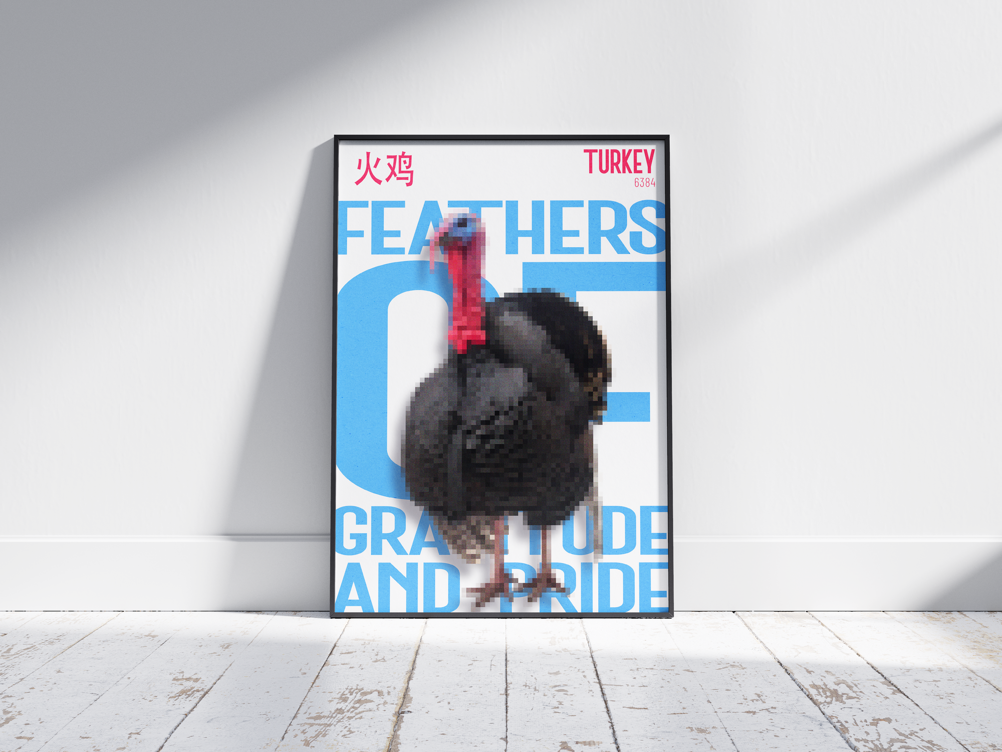 Bold, pixelated turkey art poster in black with a red and blue head, and striking bright blue text "FEATHERS OF GRATITUDE AND PRIDE" and Chinese characters. Modern wall art perfect for a kitchen, dining room, or contemporary graphic-inspired interior.