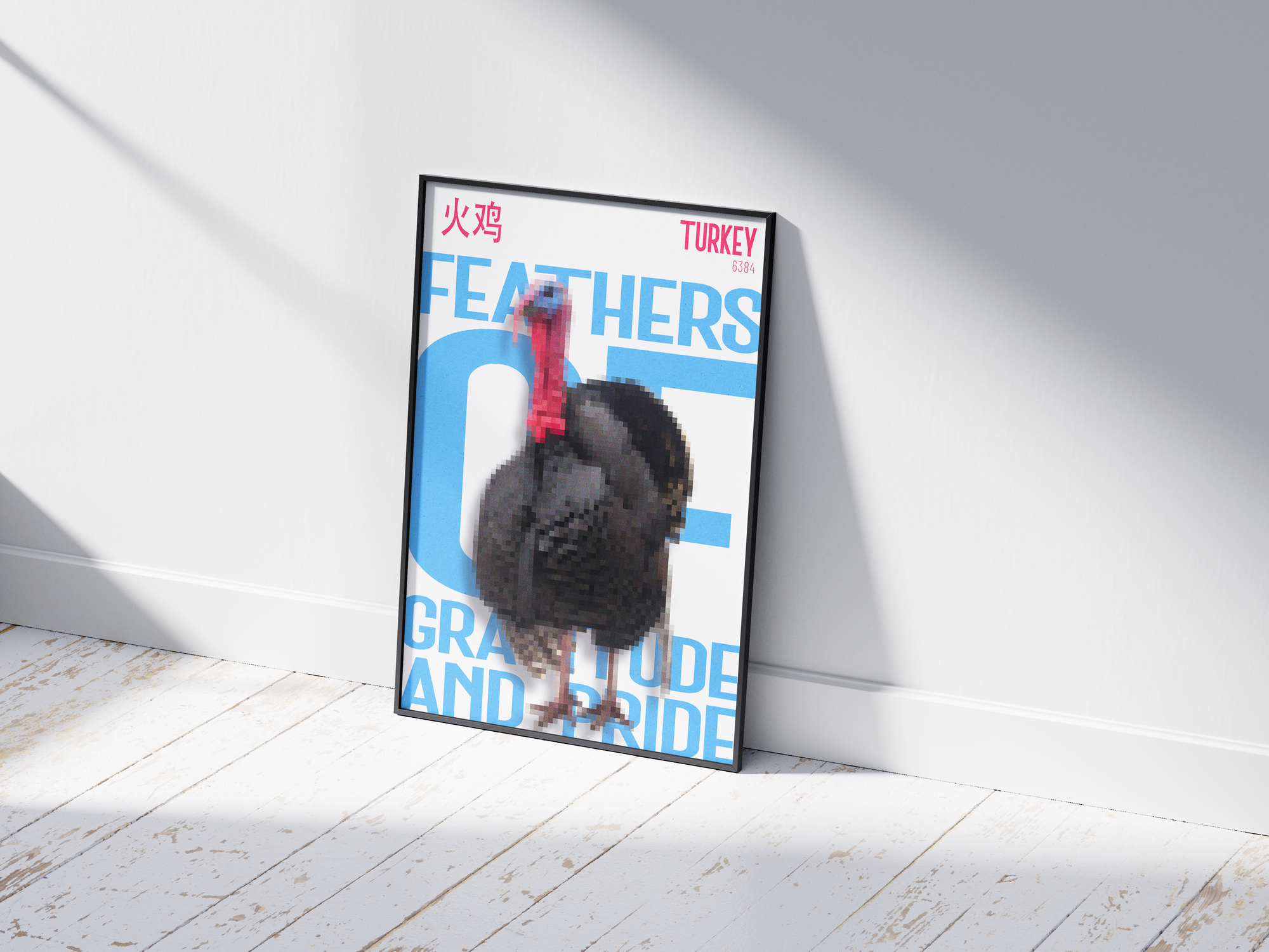 Bold, pixelated turkey art poster in black with a red and blue head, and striking bright blue text "FEATHERS OF GRATITUDE AND PRIDE" and Chinese characters. Modern wall art perfect for a kitchen, dining room, or contemporary graphic-inspired interior.