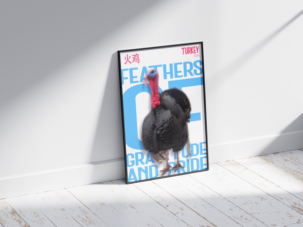 Bold, pixelated turkey art poster in black with a red and blue head, and striking bright blue text "FEATHERS OF GRATITUDE AND PRIDE" and Chinese characters. Modern wall art perfect for a kitchen, dining room, or contemporary graphic-inspired interior.