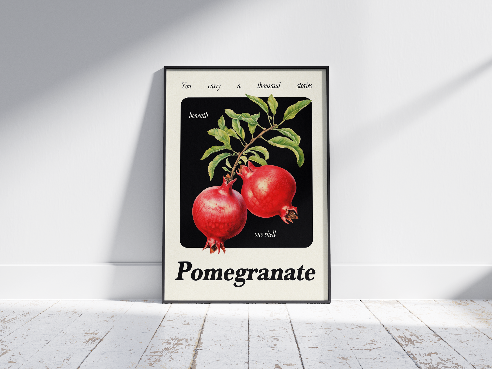 Minimalist botanical pomegranate poster featuring a detailed fruit illustration and an inspiring quote, printed on semi-gloss sustainable paper. Perfect wall art for kitchens, dining areas, or modern interiors with a warm and intriguing aesthetic.