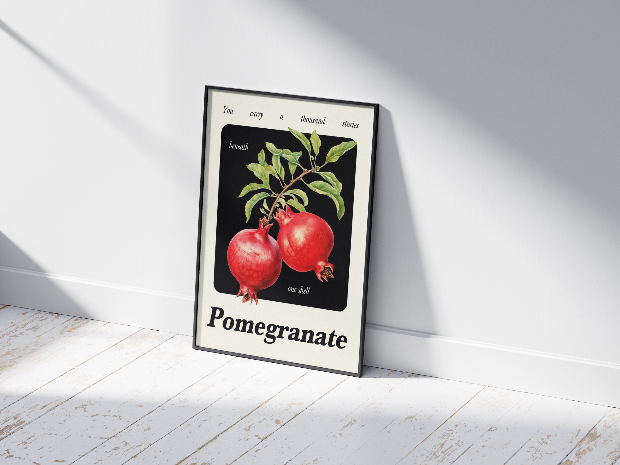 Minimalist botanical pomegranate poster featuring a detailed fruit illustration and an inspiring quote, printed on semi-gloss sustainable paper. Perfect wall art for kitchens, dining areas, or modern interiors with a warm and intriguing aesthetic.