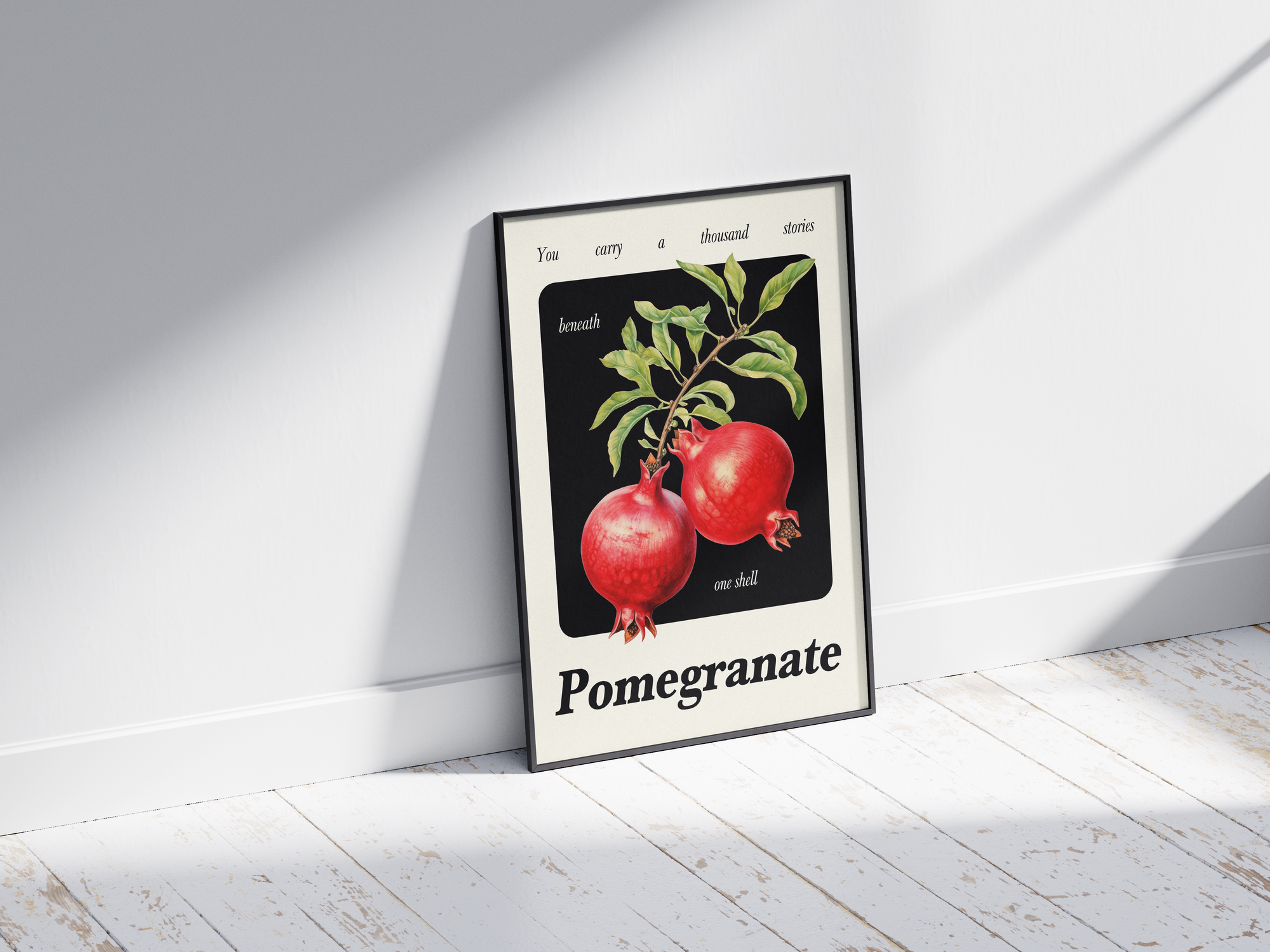 Minimalist botanical pomegranate poster featuring a detailed fruit illustration and an inspiring quote, printed on semi-gloss sustainable paper. Perfect wall art for kitchens, dining areas, or modern interiors with a warm and intriguing aesthetic.