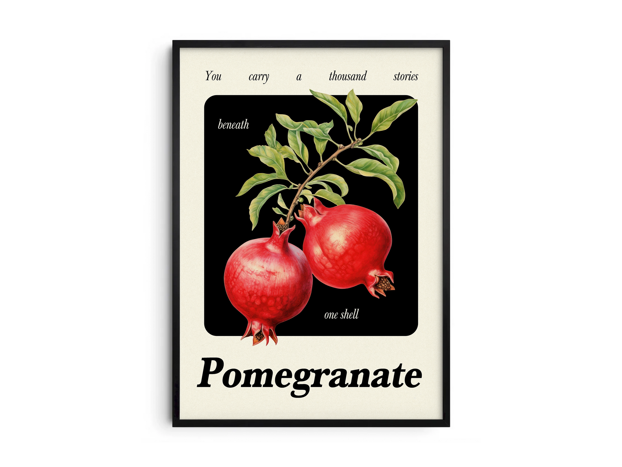 Minimalist botanical pomegranate poster featuring a detailed fruit illustration and an inspiring quote, printed on semi-gloss sustainable paper. Perfect wall art for kitchens, dining areas, or modern interiors with a warm and intriguing aesthetic.