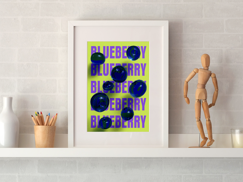 A vibrant, eye-catching Pop Art print featuring glossy blue blueberries seemingly floating against a bright lime green background with repeating purple "BLUEBERRY" typography. This modern art piece is perfect for a kitchen, cafe, or studio. The framed poster is displayed on a white shelf with a minimalist white vase, colored pencils in a wooden holder, and a wooden artist's mannequin, set against a subtle white brick wall texture.