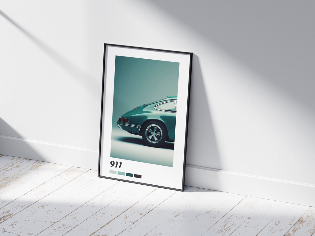 Sleek Porsche 911 car poster featuring a detailed sports car illustration in dynamic tones, printed on semi-gloss sustainable paper. Perfect wall art for offices, garages, or modern interiors with a high-performance and sophisticated aesthetic.