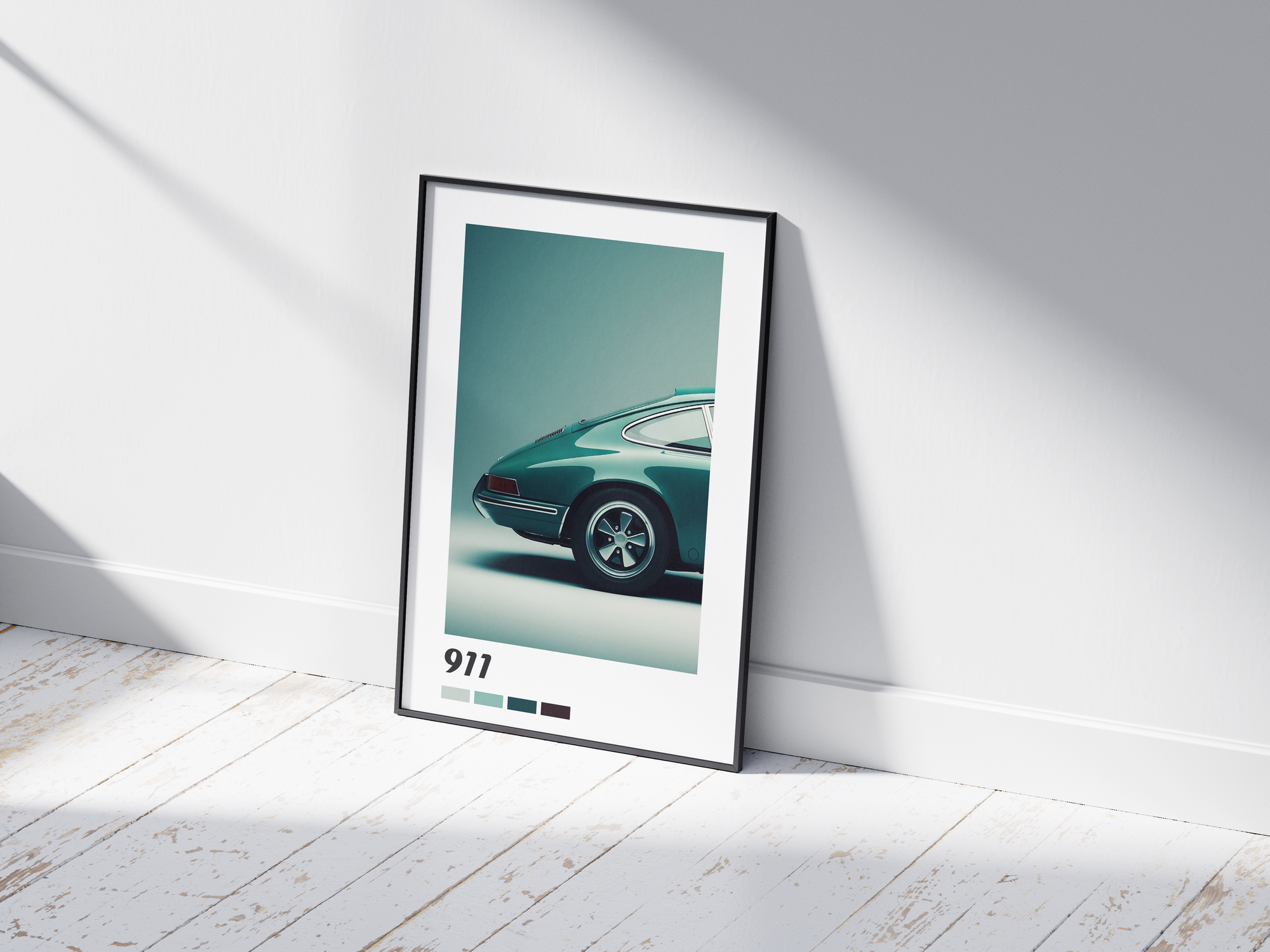 Sleek Porsche 911 car poster featuring a detailed sports car illustration in dynamic tones, printed on semi-gloss sustainable paper. Perfect wall art for offices, garages, or modern interiors with a high-performance and sophisticated aesthetic.