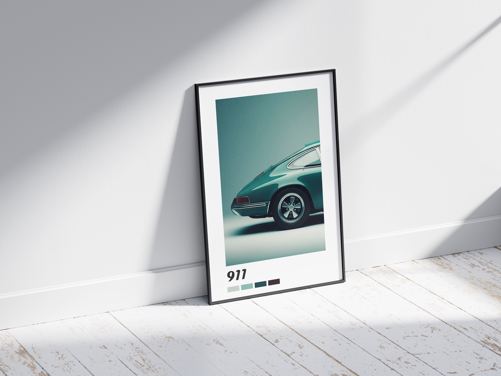 Sleek Porsche 911 car poster featuring a detailed sports car illustration in dynamic tones, printed on semi-gloss sustainable paper. Perfect wall art for offices, garages, or modern interiors with a high-performance and sophisticated aesthetic.