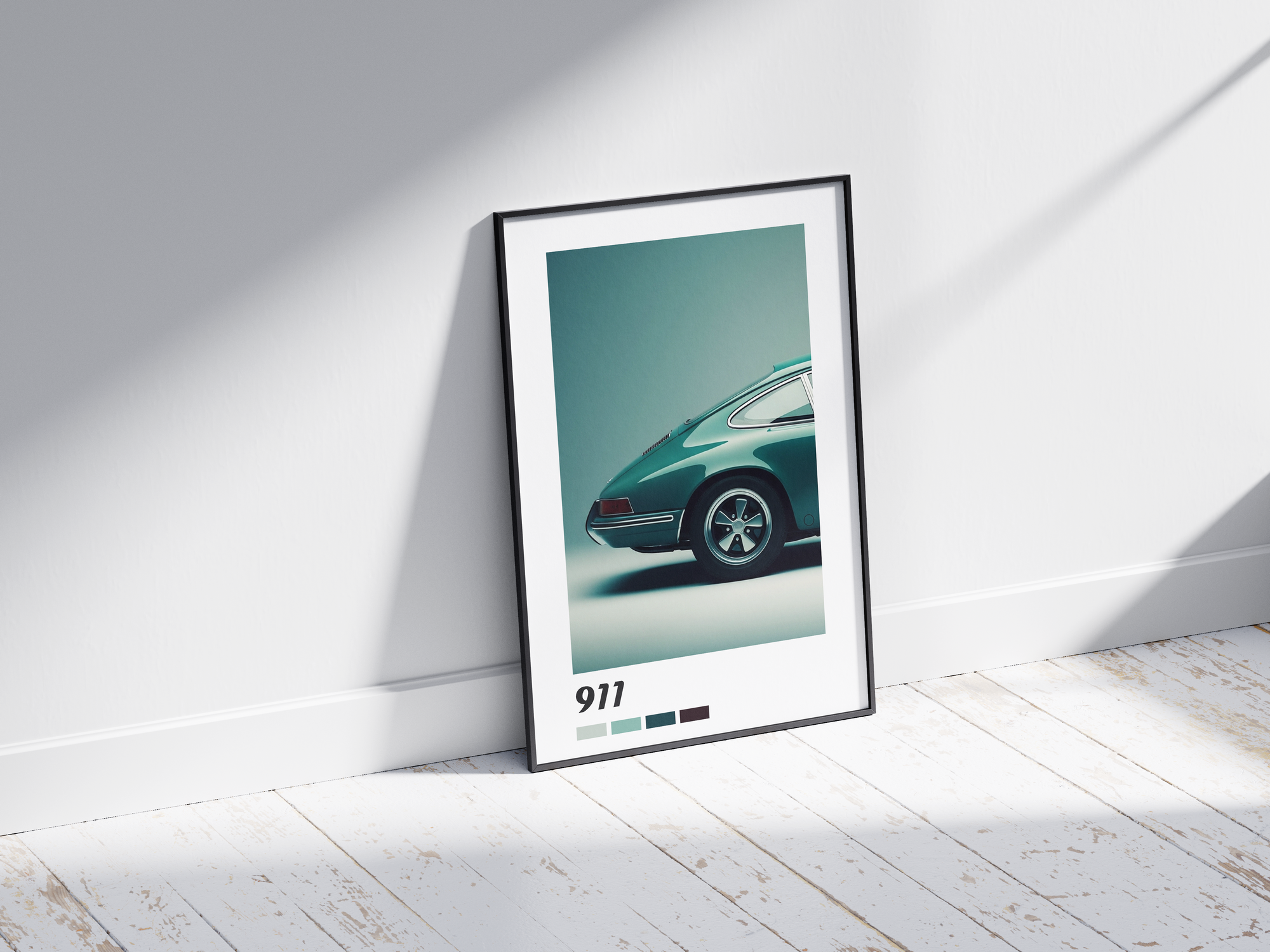 Sleek Porsche 911 car poster featuring a detailed sports car illustration in dynamic tones, printed on semi-gloss sustainable paper. Perfect wall art for offices, garages, or modern interiors with a high-performance and sophisticated aesthetic.