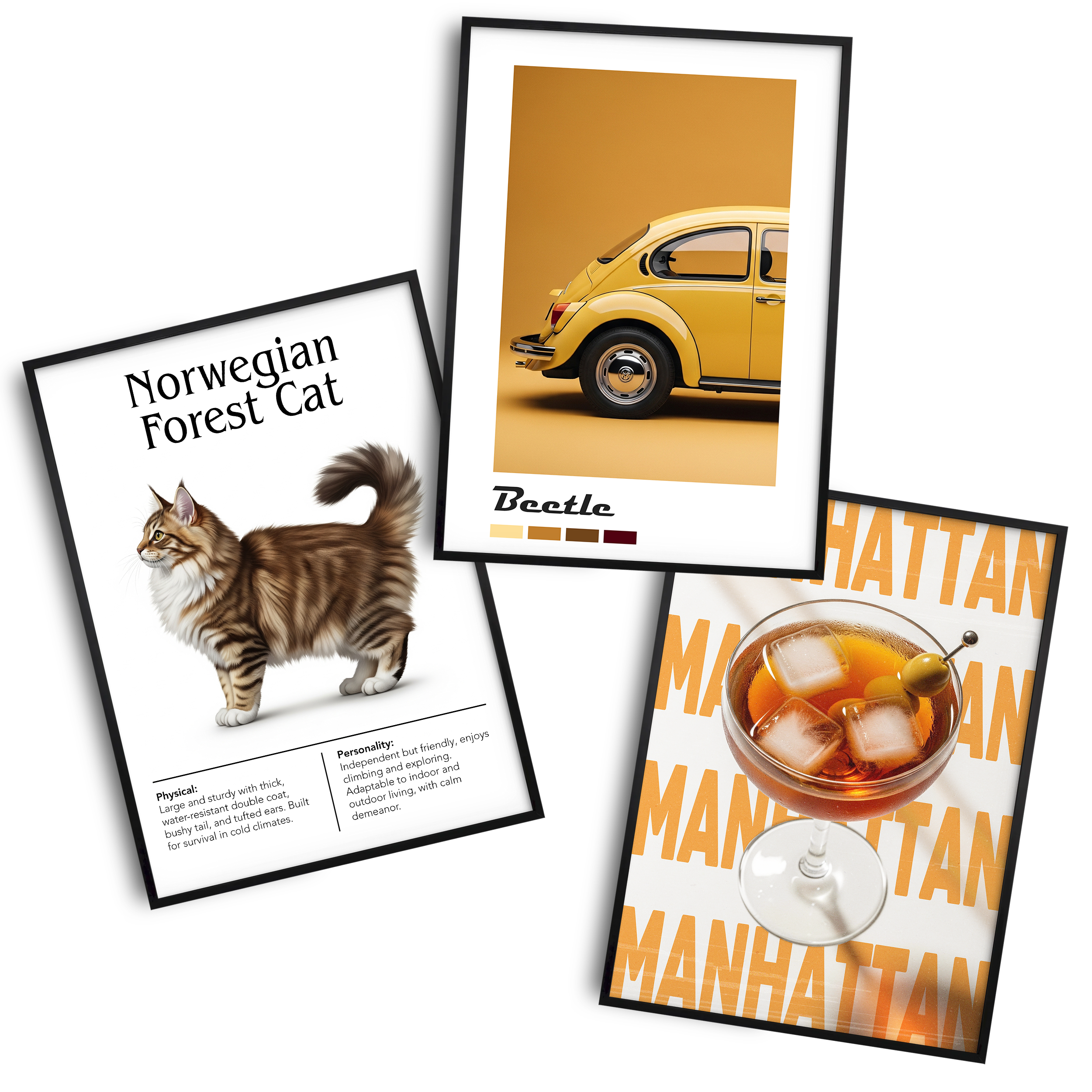 Three framed prints: a Norwegian Forest Cat illustration with text, a yellow Volkswagen Beetle on an orange background, and a Manhattan cocktail with repeated "MANHATTAN" text.