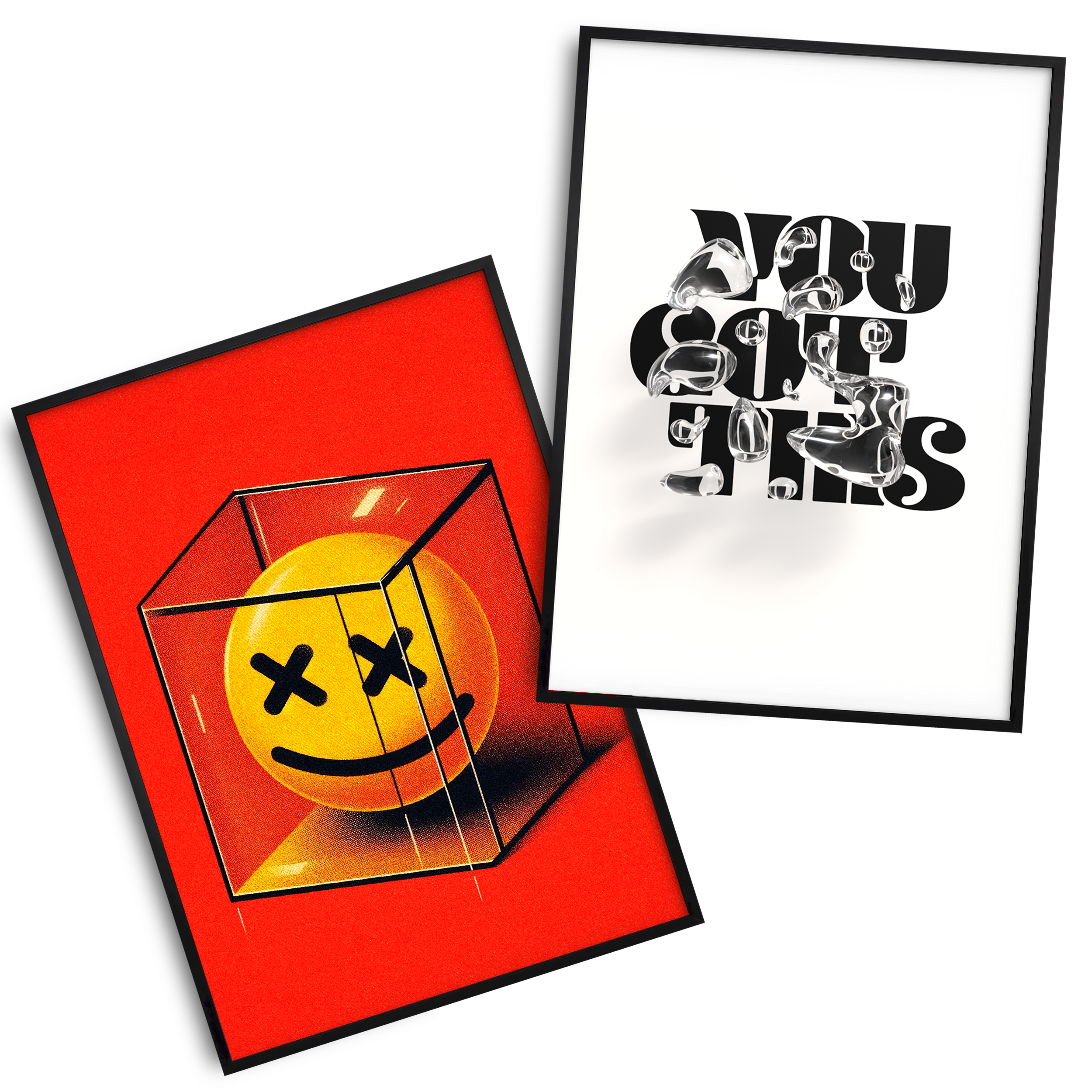 Two framed art prints are displayed against a light grey background. The left print, set on a vibrant red background, features a yellow smiley face inside a transparent glass cube, with black 'X's for eyes. The right print, on a white background, shows the phrase "YOU GOT THIS" rendered in shiny, liquid-like 3D letters.
