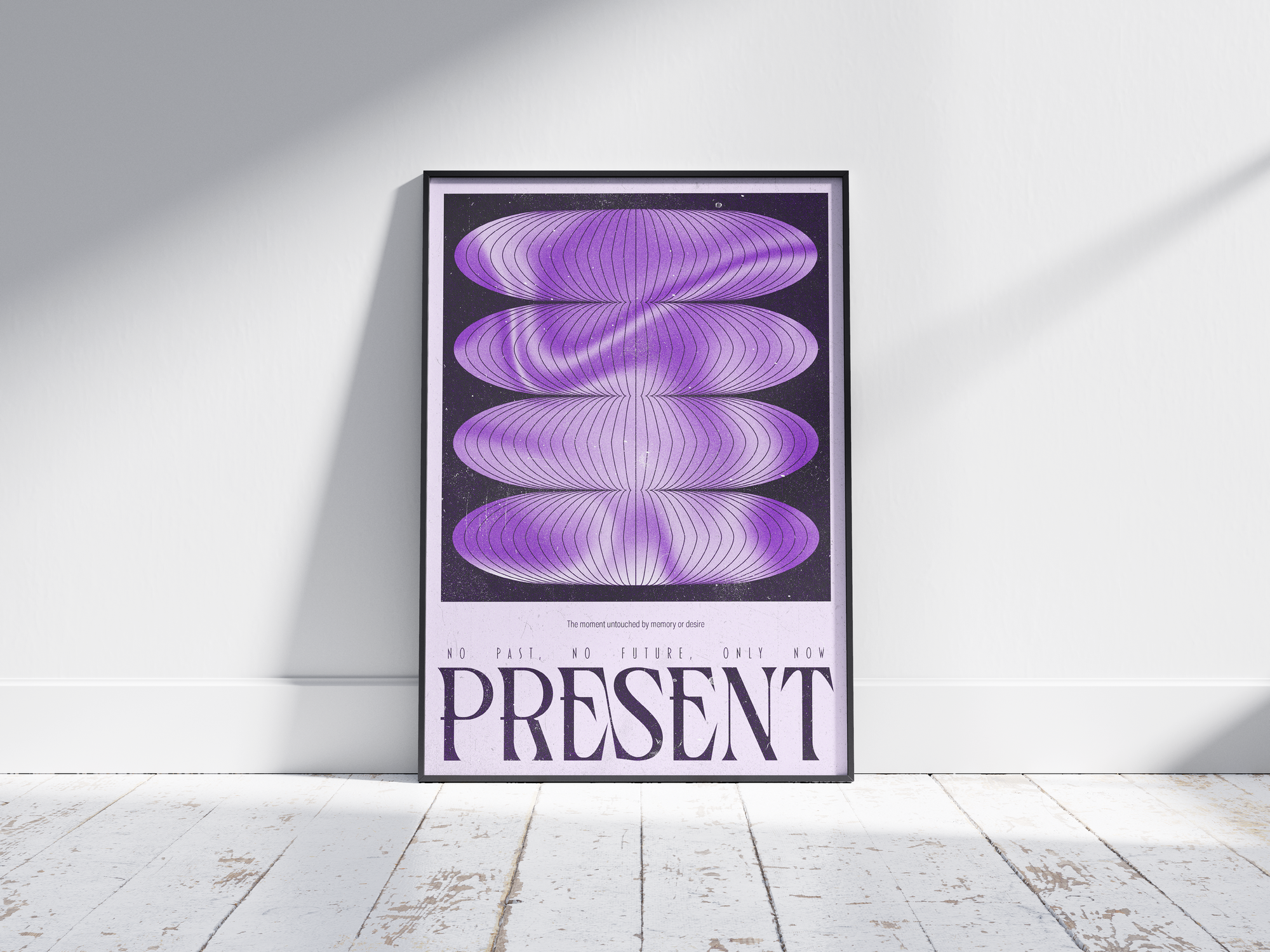 Abstract mindfulness poster featuring flowing purple and black shapes with the word "PRESENT," printed on semi-gloss sustainable paper. Perfect wall art for bedrooms, meditation spaces, or modern interiors with a calm and spiritual aesthetic.