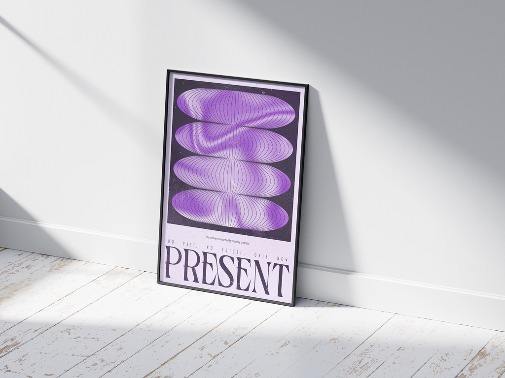 Abstract mindfulness poster featuring flowing purple and black shapes with the word "PRESENT," printed on semi-gloss sustainable paper. Perfect wall art for bedrooms, meditation spaces, or modern interiors with a calm and spiritual aesthetic.