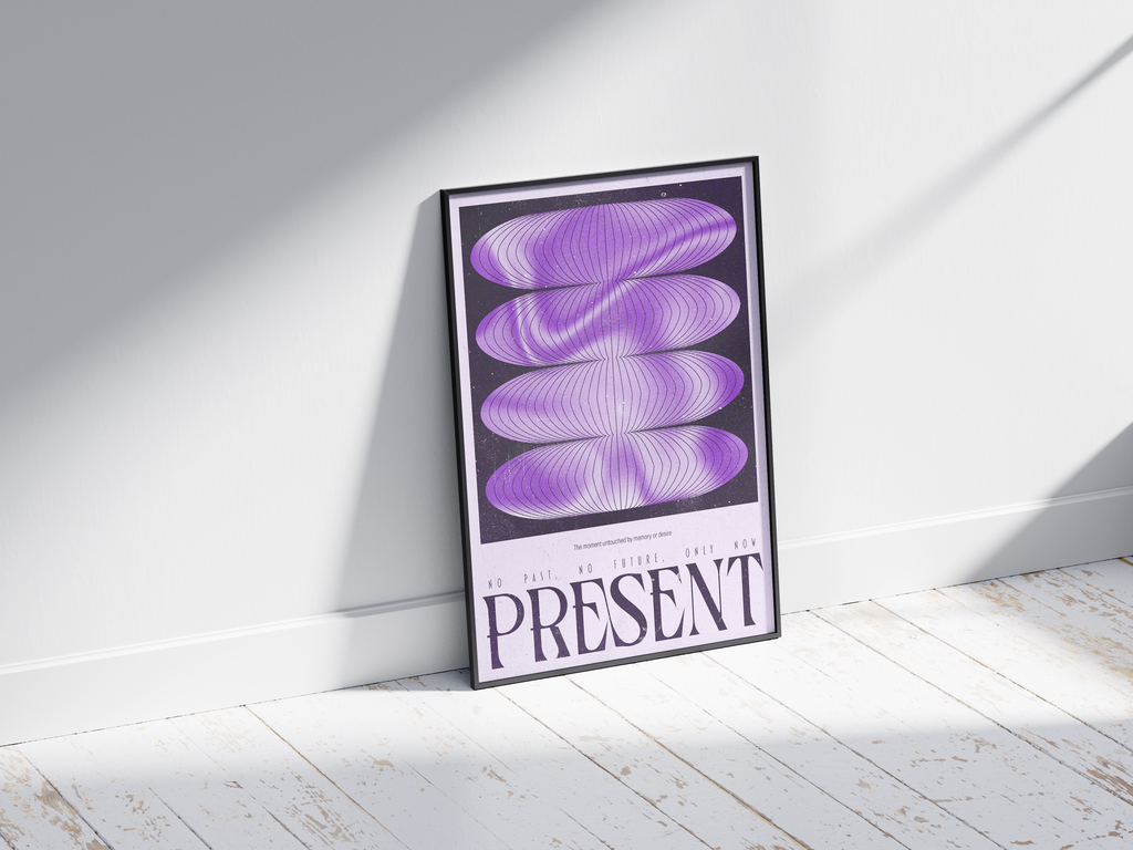 Abstract mindfulness poster featuring flowing purple and black shapes with the word "PRESENT," printed on semi-gloss sustainable paper. Perfect wall art for bedrooms, meditation spaces, or modern interiors with a calm and spiritual aesthetic.