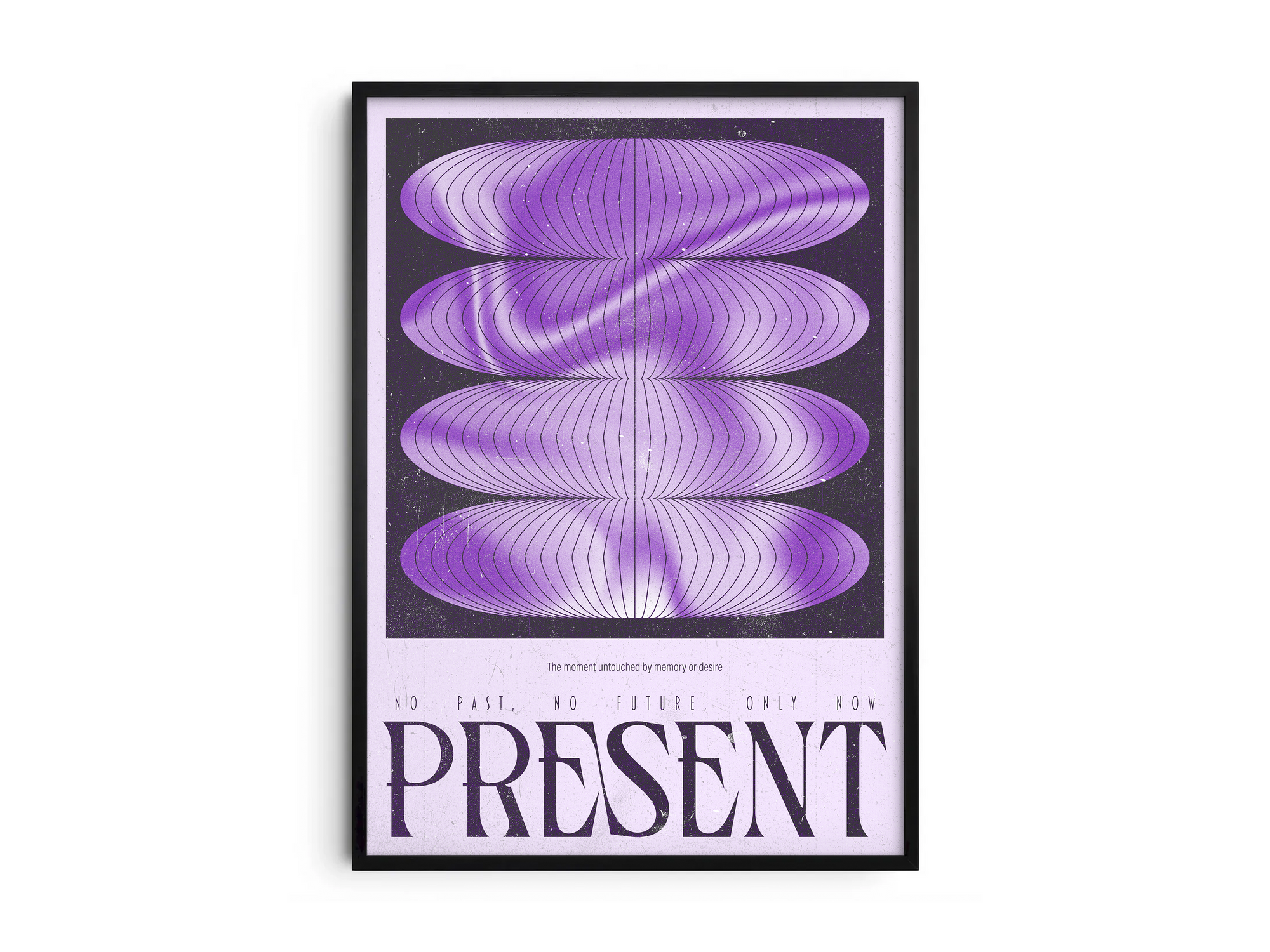 Abstract mindfulness poster featuring flowing purple and black shapes with the word "PRESENT," printed on semi-gloss sustainable paper. Perfect wall art for bedrooms, meditation spaces, or modern interiors with a calm and spiritual aesthetic.