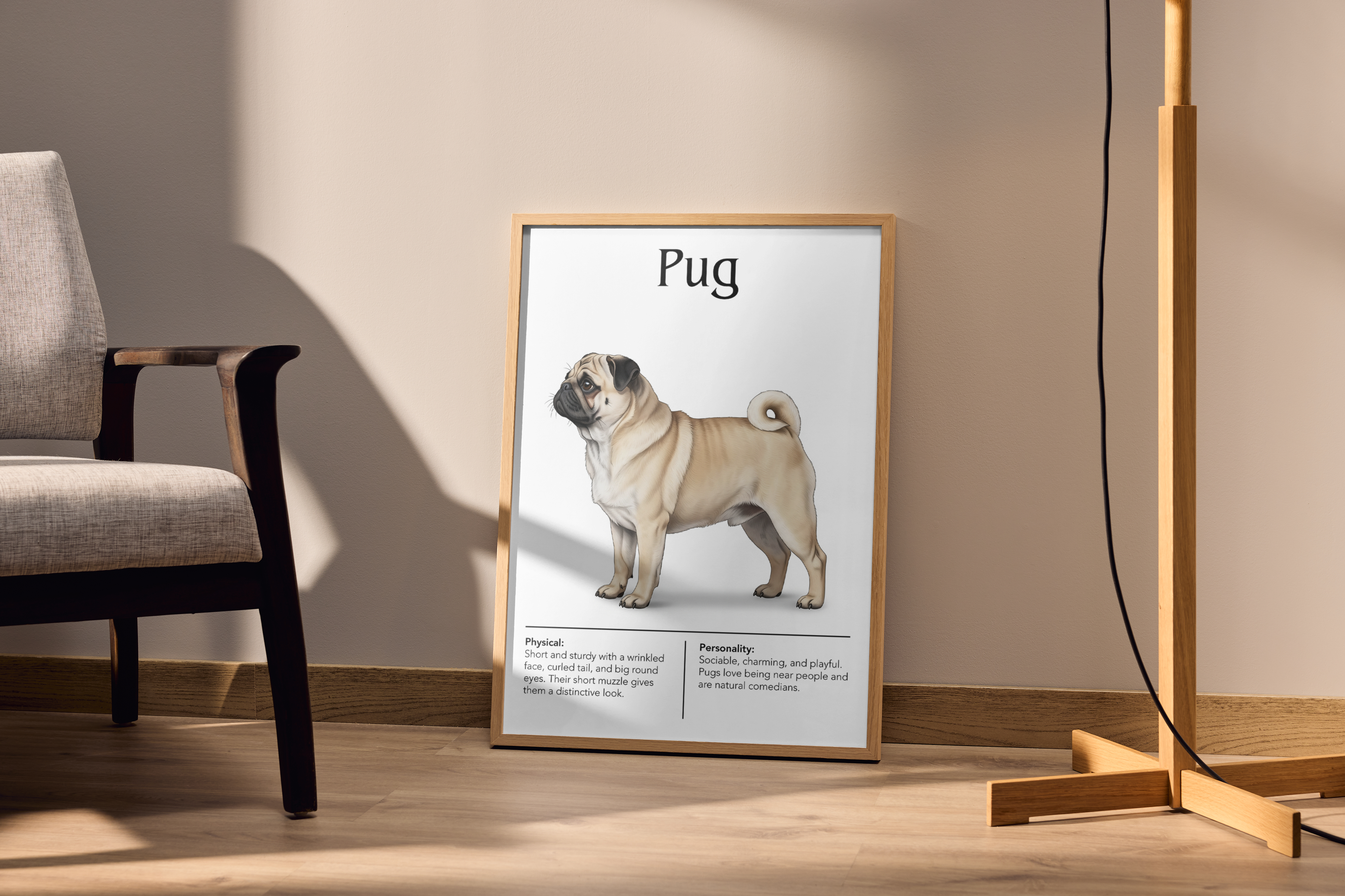 A wood-framed poster featuring a full-body illustration and description of a Pug dog, leaning on the floor next to a modern armchair.