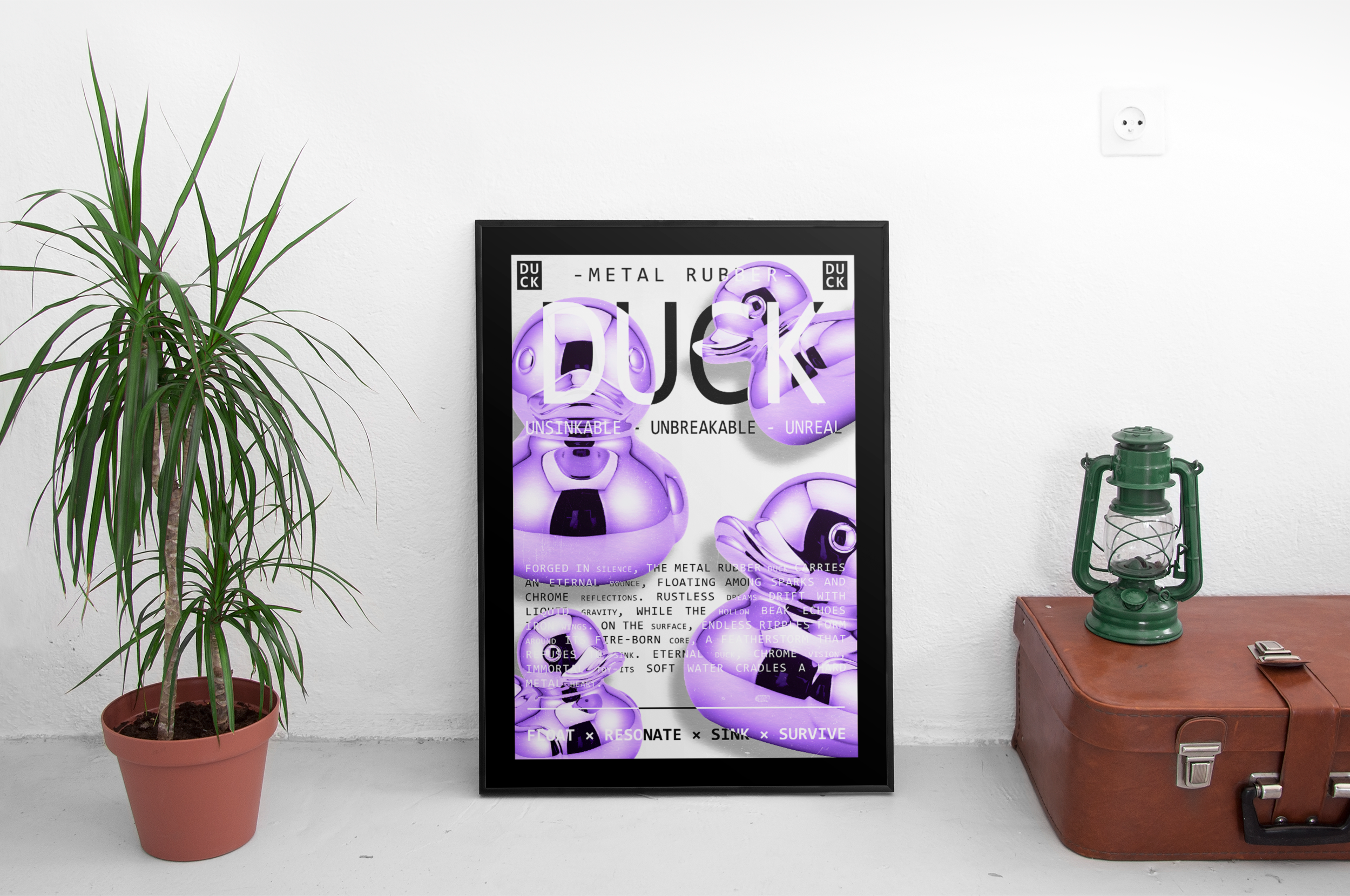 A black-framed poster featuring multiple glossy, purple chrome rubber ducks and overlapping text, leaning against a white wall on the floor next to a tall potted plant and a brown vintage suitcase with a green lantern.