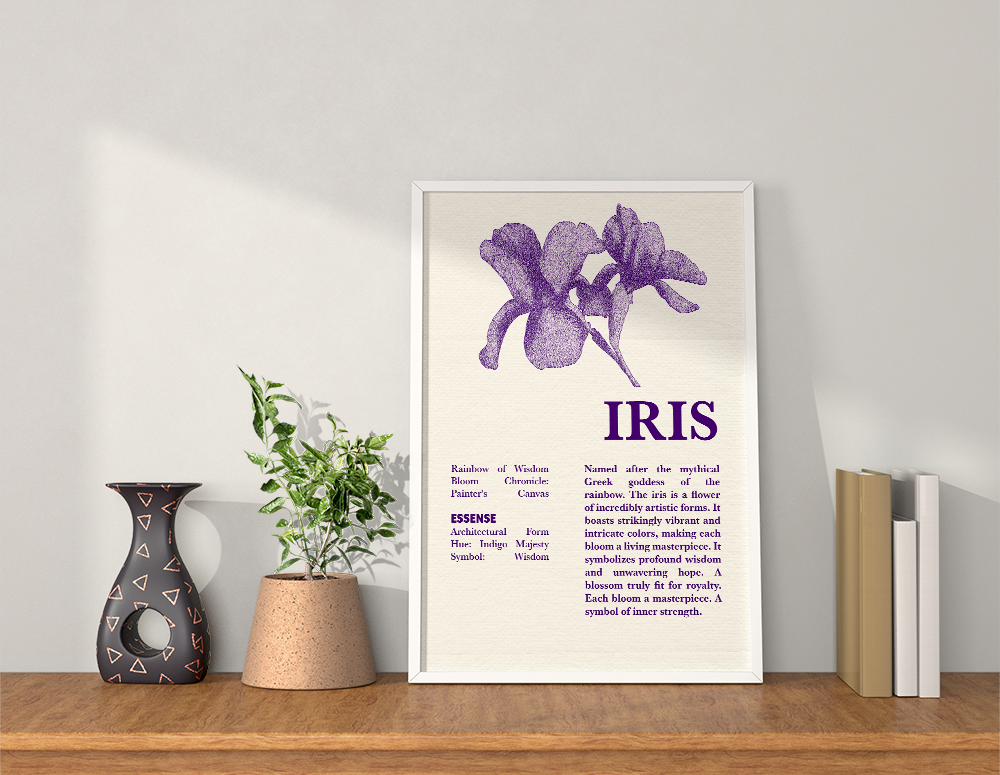 An elegant botanical print featuring a detailed purple illustration of the Iris flower, accompanied by historical, symbolic, and descriptive text. Perfect for adding a touch of sophisticated natural beauty to a study, living room, or bedroom. The framed print is displayed on a wooden shelf next to a small potted plant, a distinctive black vase, and a stack of books, creating an intellectual and serene corner.