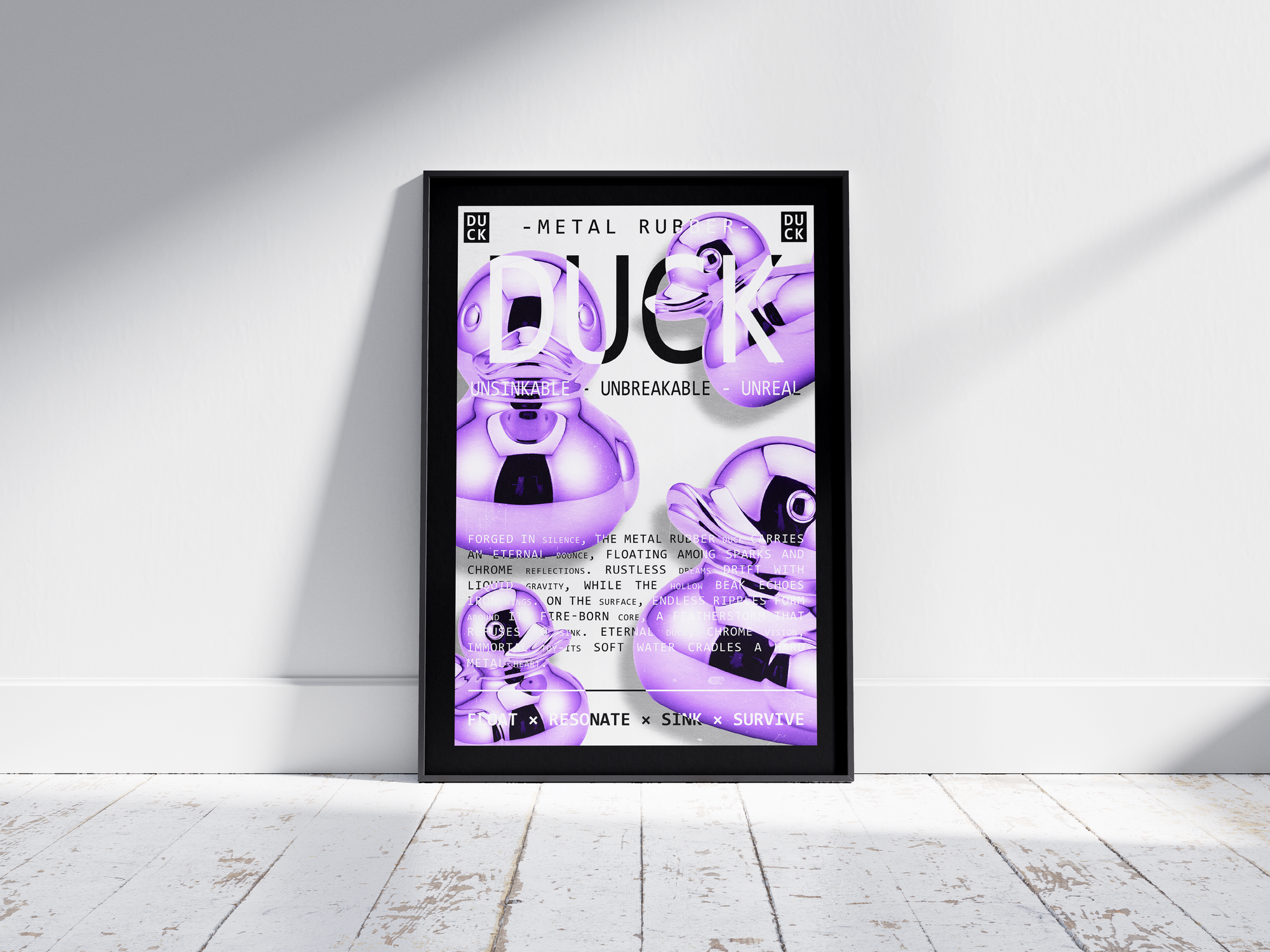 Vibrant metallic rubber duck poster featuring a glossy and reflective illustration in various colors. This modern pop art print is perfect for adding a bold and playful statement to living rooms, offices, or minimalist interiors.