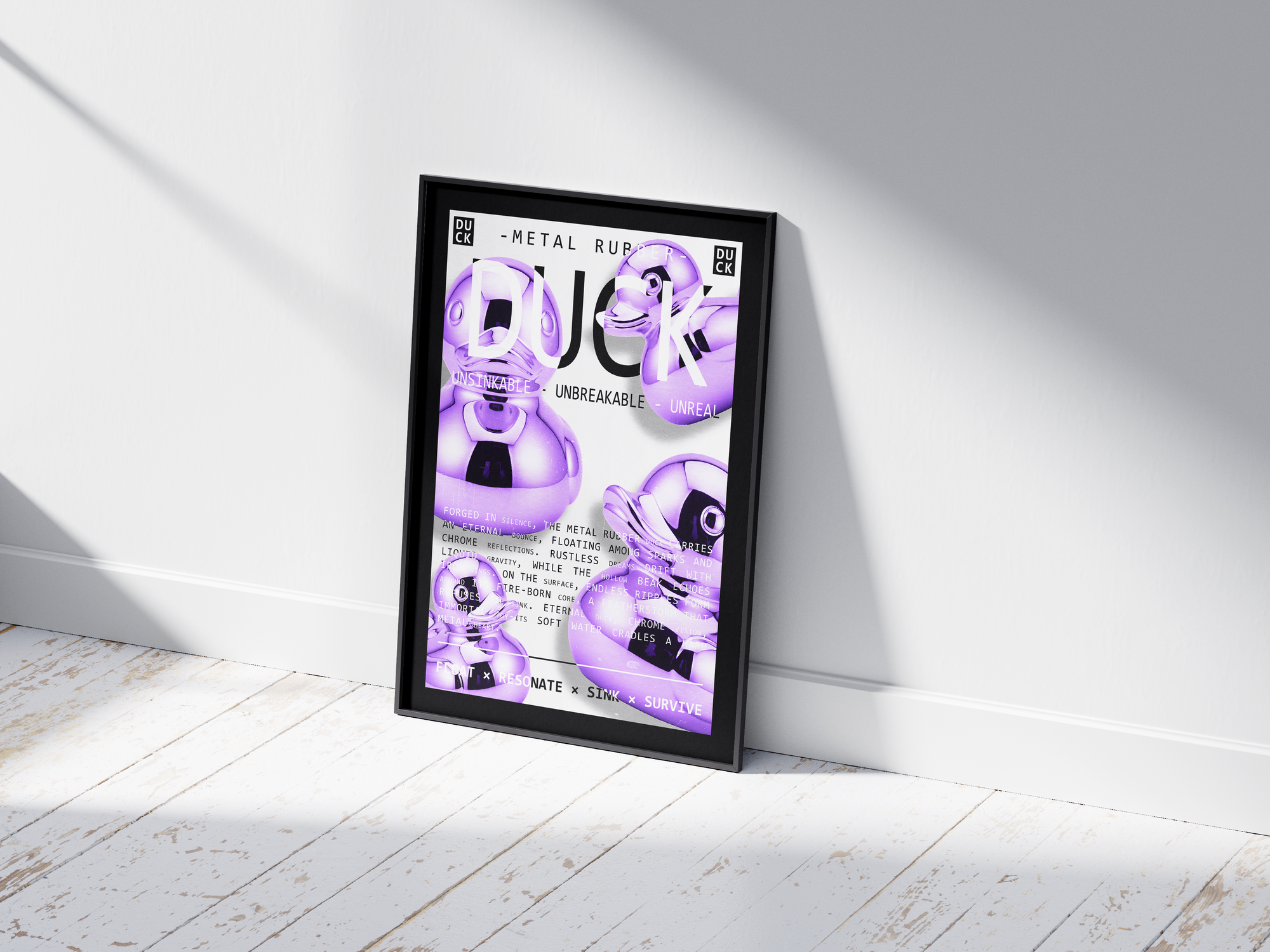 Vibrant metallic rubber duck poster featuring a glossy and reflective illustration in various colors. This modern pop art print is perfect for adding a bold and playful statement to living rooms, offices, or minimalist interiors.