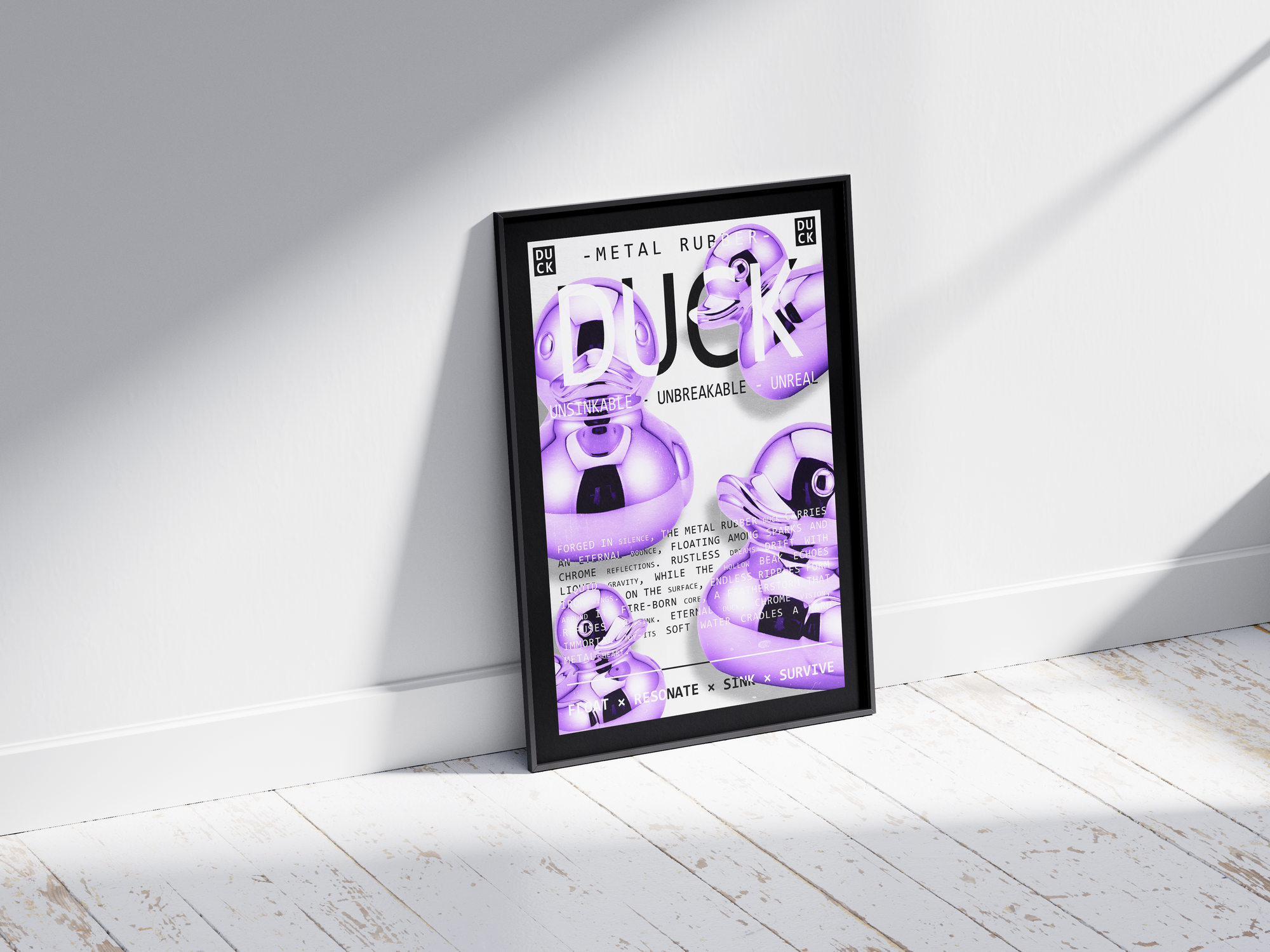 Vibrant metallic rubber duck poster featuring a glossy and reflective illustration in various colors. This modern pop art print is perfect for adding a bold and playful statement to living rooms, offices, or minimalist interiors.