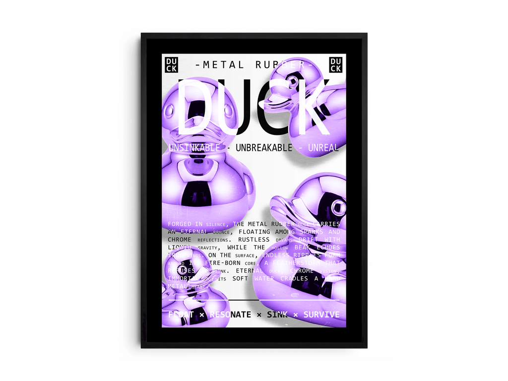 Vibrant metallic rubber duck poster featuring a glossy and reflective illustration in various colors. This modern pop art print is perfect for adding a bold and playful statement to living rooms, offices, or minimalist interiors.