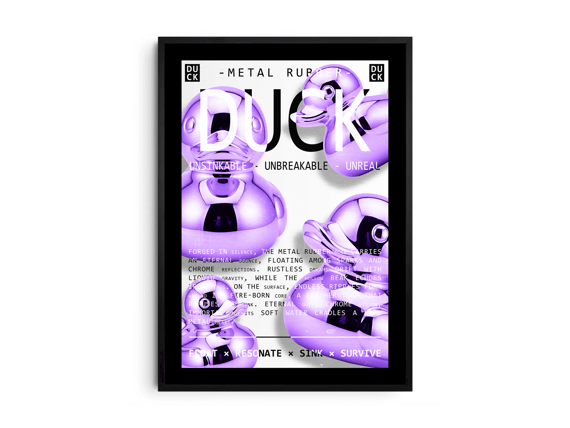 Vibrant metallic rubber duck poster featuring a glossy and reflective illustration in various colors. This modern pop art print is perfect for adding a bold and playful statement to living rooms, offices, or minimalist interiors.