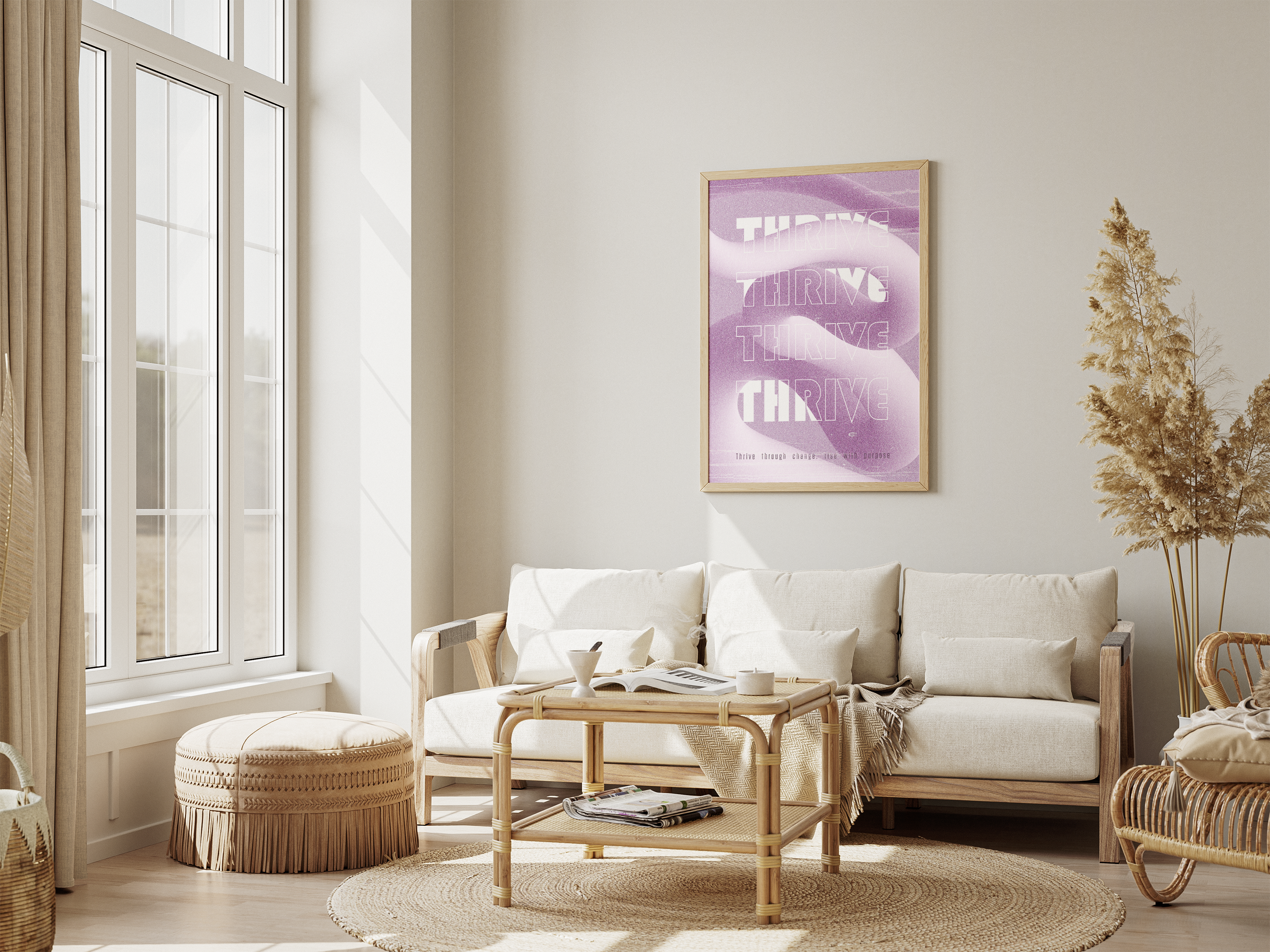 A black-framed poster with the word "THRIVE" repeated over a purple, wave-like abstract background, resting on a white shelf next to a potted plant and a white spherical lamp.