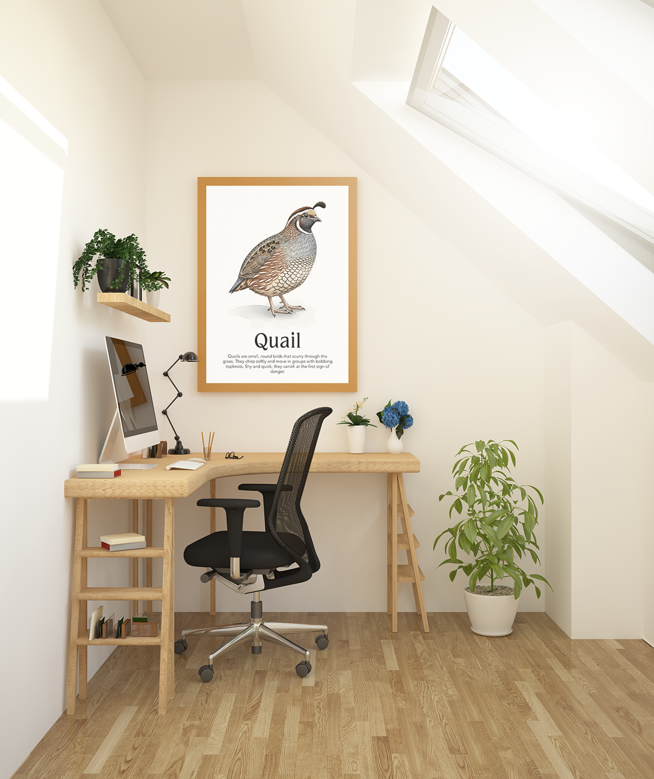 A framed vertical poster mockup featuring a watercolor illustration of a Quail with the title "Quail" and a brief description, displayed in a bright attic office space above a wooden desk. The poster has a wooden frame.