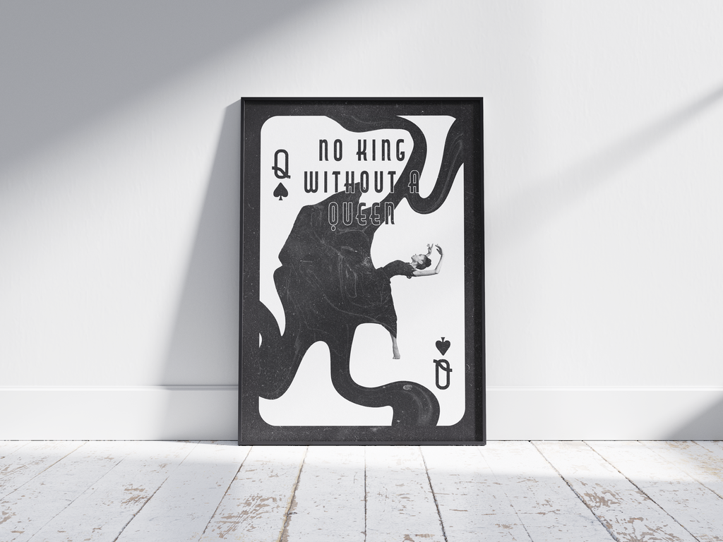Minimalist monochrome queen playing card poster with a dramatic collage and empowering "No King Without a Queen" quote. Framed black and white wall art printed on semi-gloss paper. Perfect wall decor for modern interiors, bedrooms, or gallery walls with a bold aesthetic.