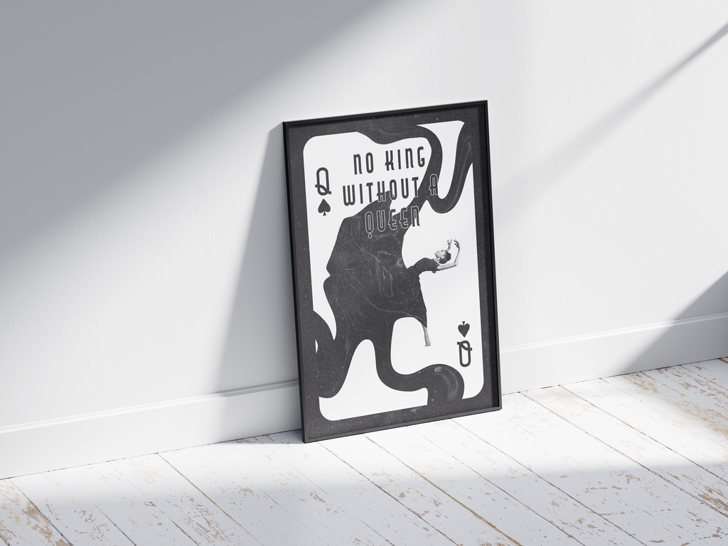 Minimalist monochrome queen playing card poster with a dramatic collage and empowering "No King Without a Queen" quote. Framed black and white wall art printed on semi-gloss paper. Perfect wall decor for modern interiors, bedrooms, or gallery walls with a bold aesthetic.