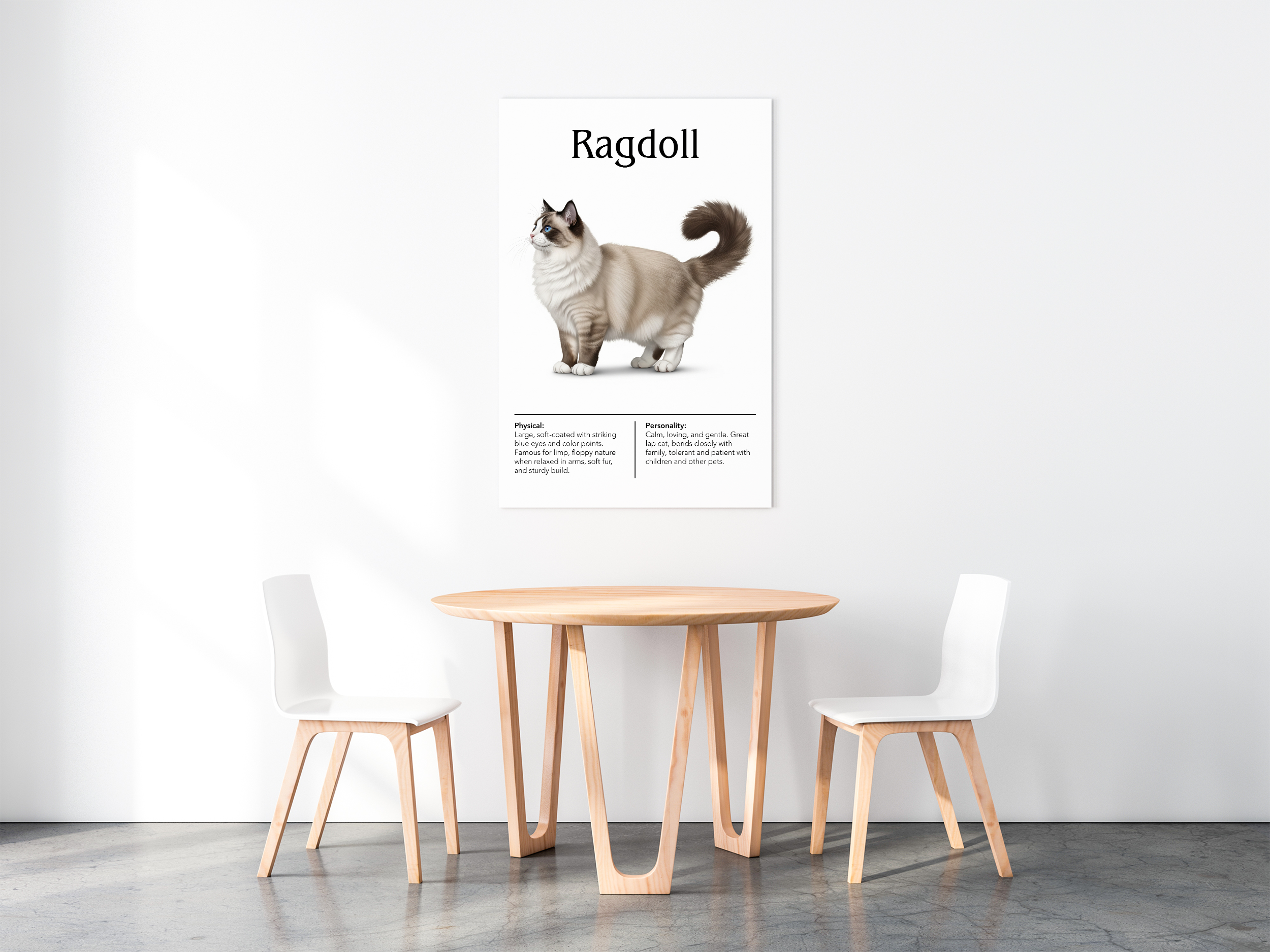 A poster of a Ragdoll cat hanging on a white wall above a modern, light wood round table and two white, minimalist chairs.