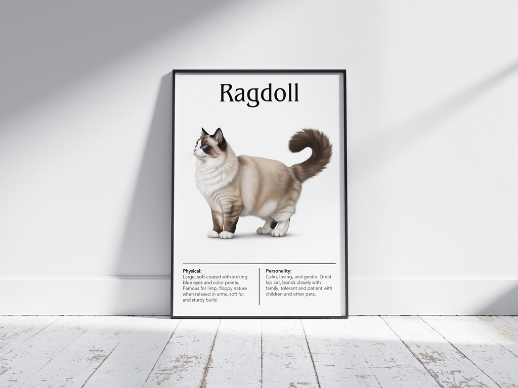 Gentle Ragdoll cat breed poster featuring a detailed illustration of its soft, semi-longhaired coat and striking blue eyes, printed on semi-gloss sustainable paper. Perfect wall art for cozy living rooms, peaceful bedrooms, or comforting interiors with a warm and affectionate aesthetic.