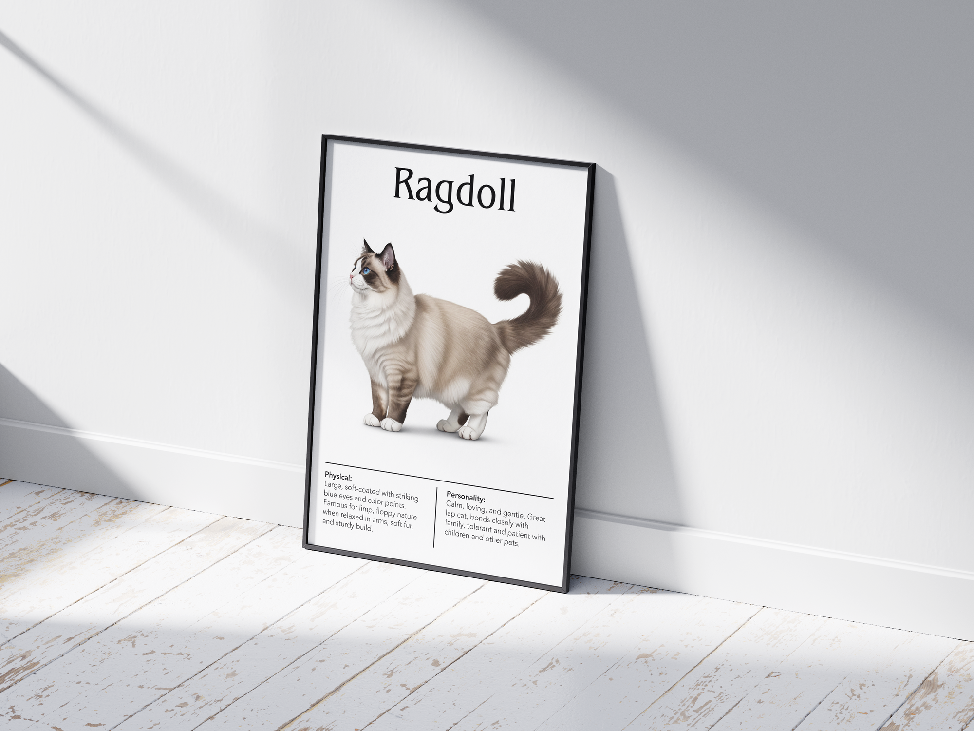 Gentle Ragdoll cat breed poster featuring a detailed illustration of its soft, semi-longhaired coat and striking blue eyes, printed on semi-gloss sustainable paper. Perfect wall art for cozy living rooms, peaceful bedrooms, or comforting interiors with a warm and affectionate aesthetic.