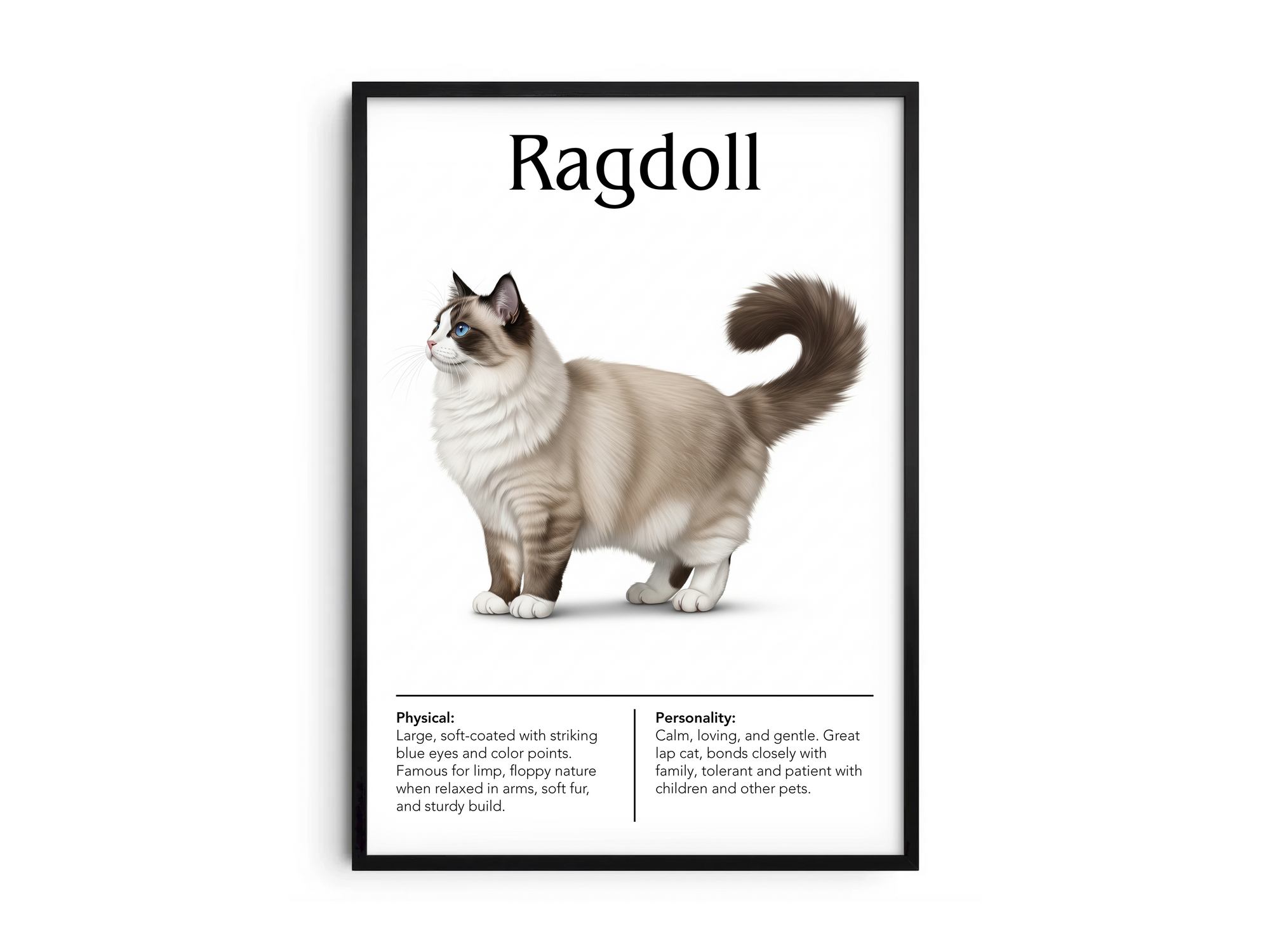 Gentle Ragdoll cat breed poster featuring a detailed illustration of its soft, semi-longhaired coat and striking blue eyes, printed on semi-gloss sustainable paper. Perfect wall art for cozy living rooms, peaceful bedrooms, or comforting interiors with a warm and affectionate aesthetic.