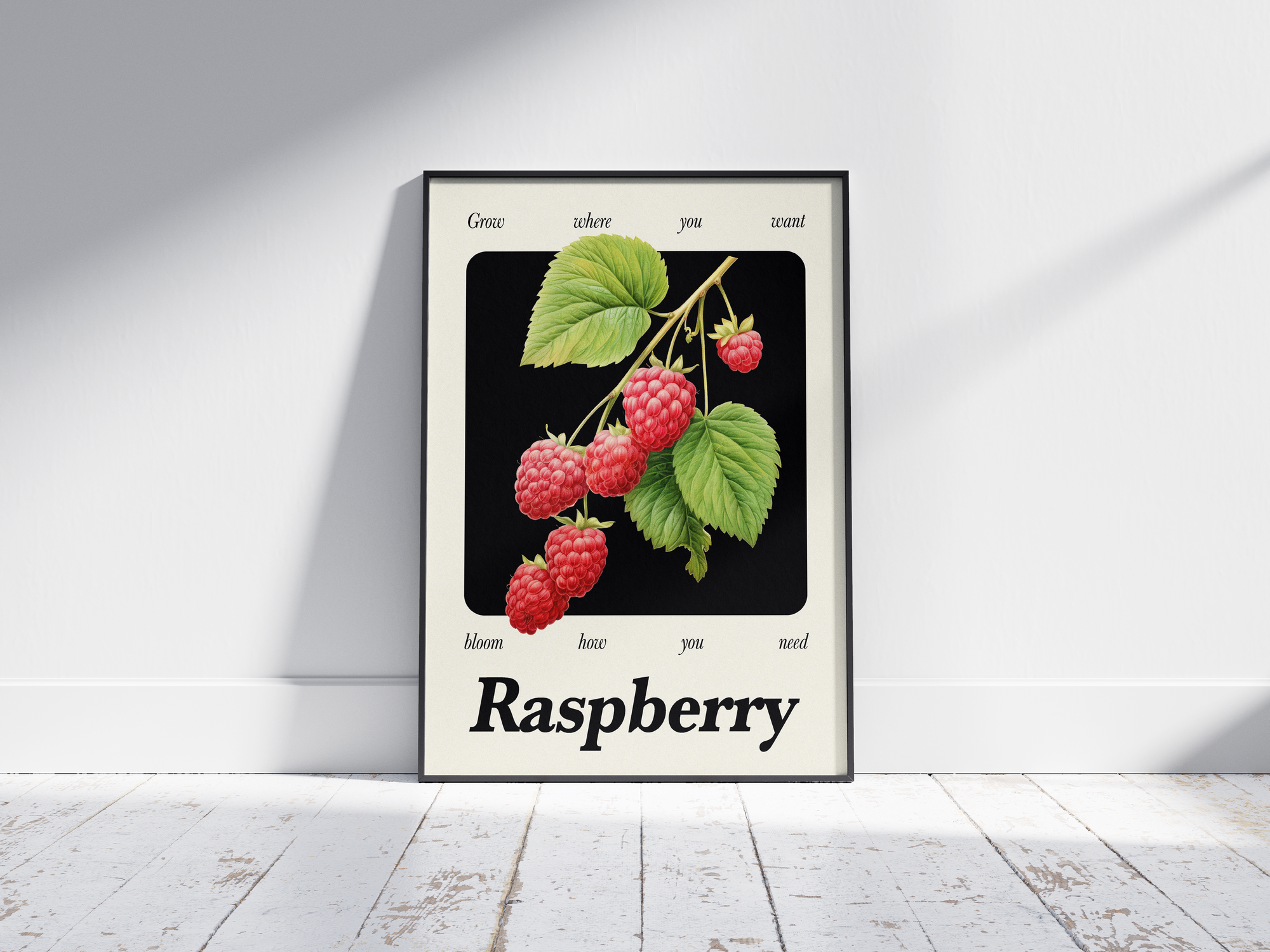 Minimalist botanical raspberry poster featuring a detailed fruit illustration and an empowering quote, printed on semi-gloss sustainable paper. Perfect wall art for kitchens, dining areas, or modern interiors with a calm and natural aesthetic.