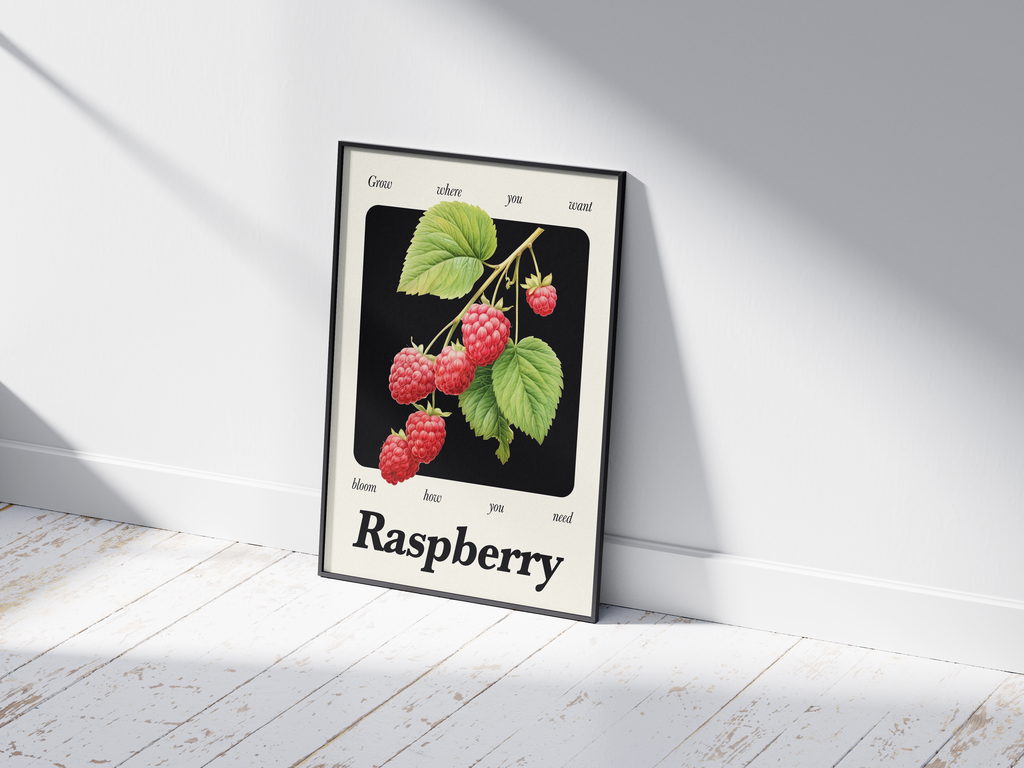 Minimalist botanical raspberry poster featuring a detailed fruit illustration and an empowering quote, printed on semi-gloss sustainable paper. Perfect wall art for kitchens, dining areas, or modern interiors with a calm and natural aesthetic.