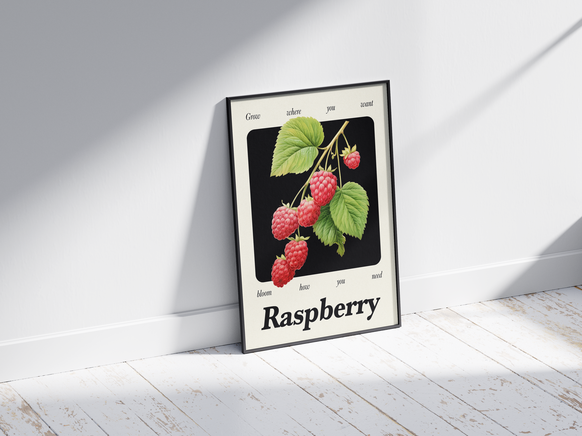 Minimalist botanical raspberry poster featuring a detailed fruit illustration and an empowering quote, printed on semi-gloss sustainable paper. Perfect wall art for kitchens, dining areas, or modern interiors with a calm and natural aesthetic.