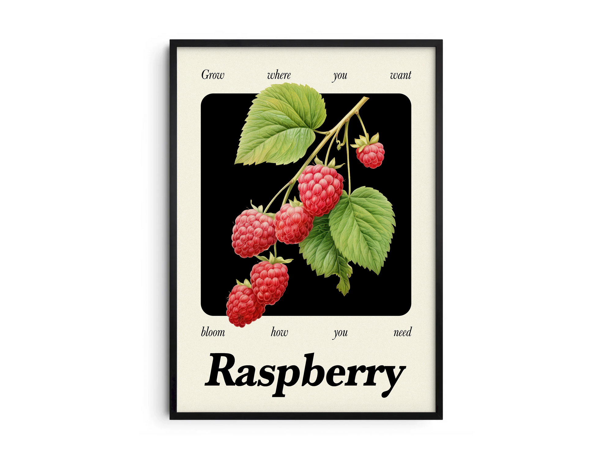 Minimalist botanical raspberry poster featuring a detailed fruit illustration and an empowering quote, printed on semi-gloss sustainable paper. Perfect wall art for kitchens, dining areas, or modern interiors with a calm and natural aesthetic.