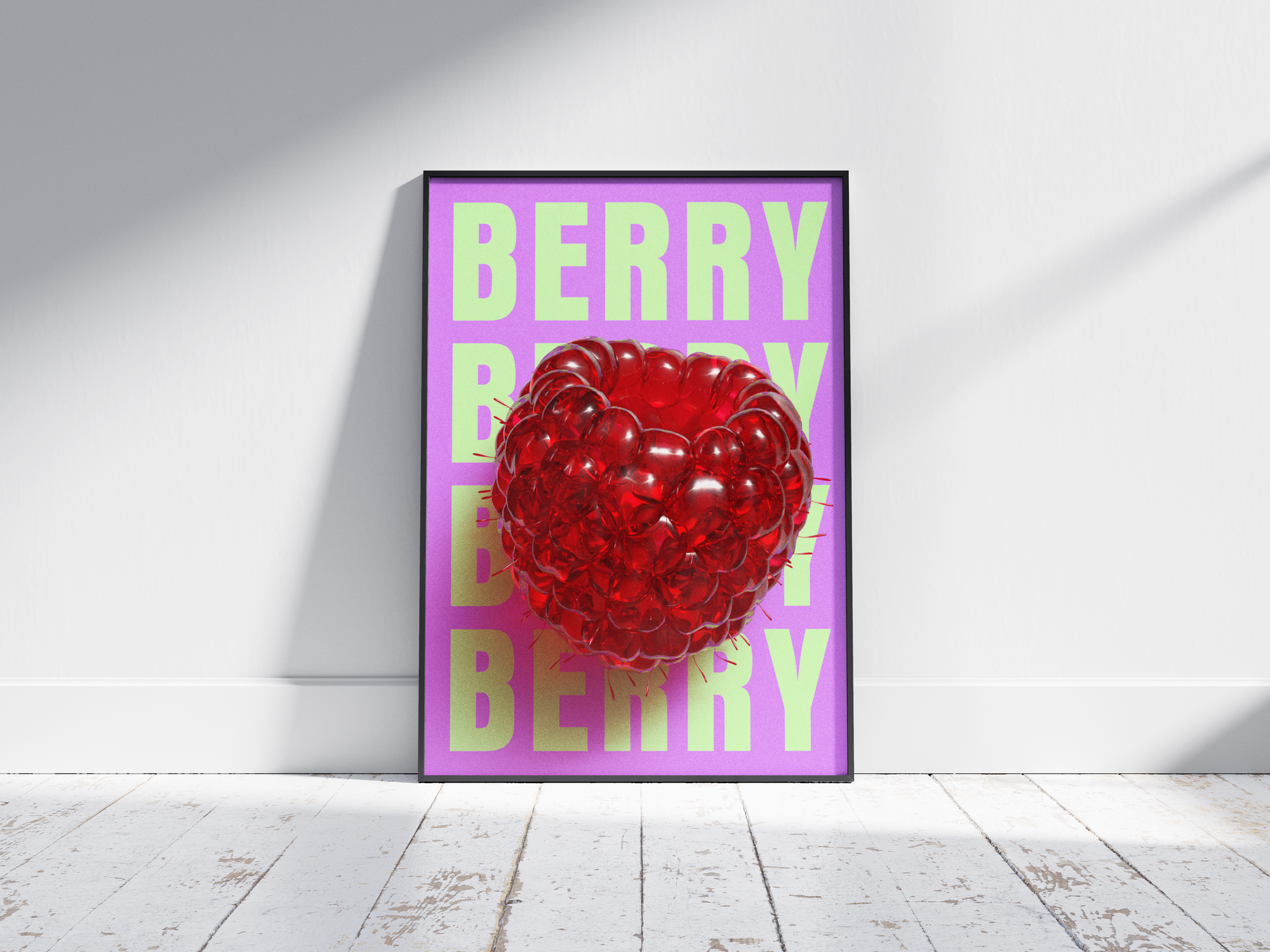 Bold pop art raspberry poster featuring a glossy red raspberry with a 3D glass effect on a vibrant purple and green background, printed on semi-gloss sustainable paper. Perfect wall art for kitchens, dining areas, or modern interiors with a playful and energetic aesthetic.