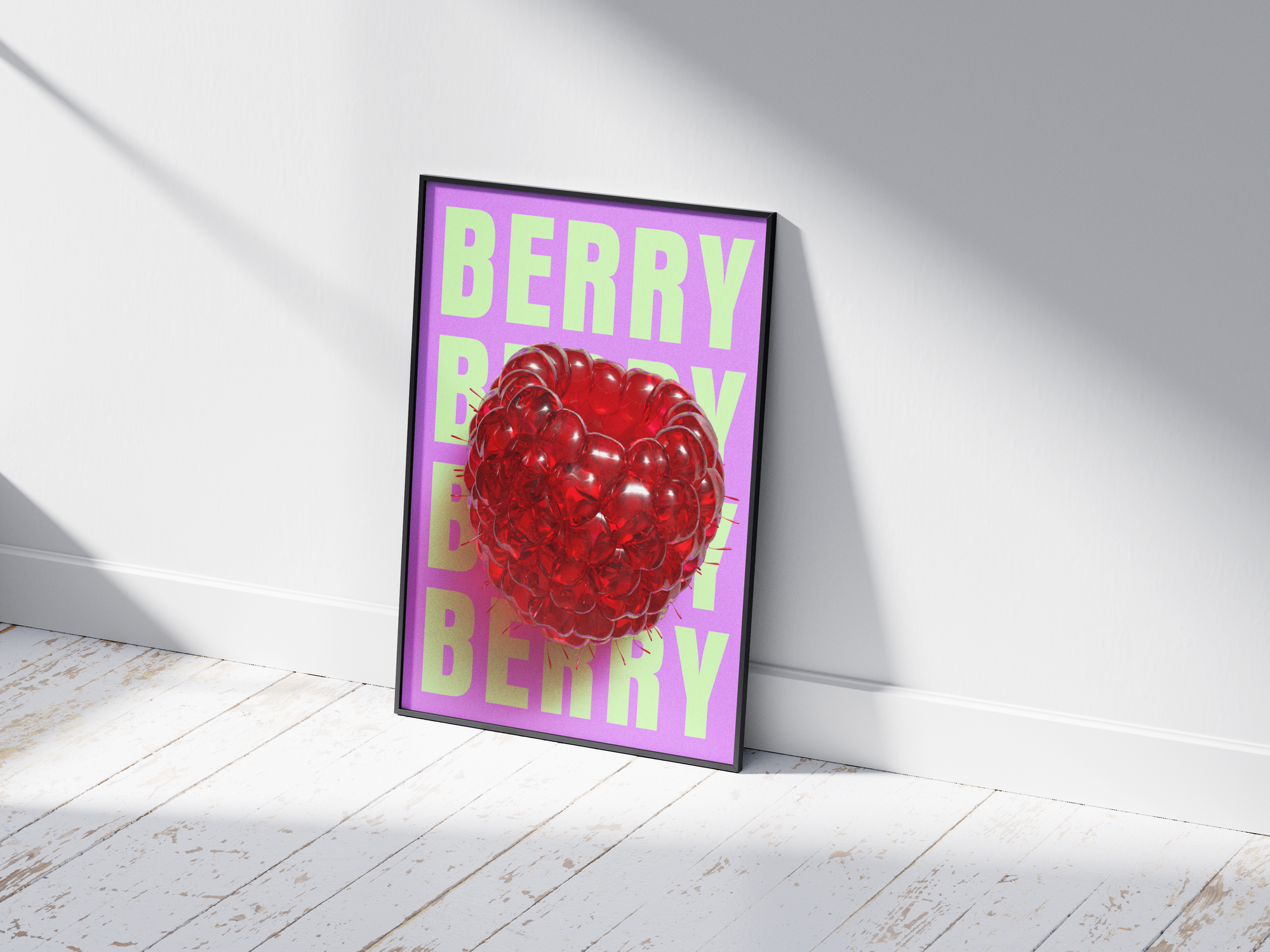 Bold pop art raspberry poster featuring a glossy red raspberry with a 3D glass effect on a vibrant purple and green background, printed on semi-gloss sustainable paper. Perfect wall art for kitchens, dining areas, or modern interiors with a playful and energetic aesthetic.