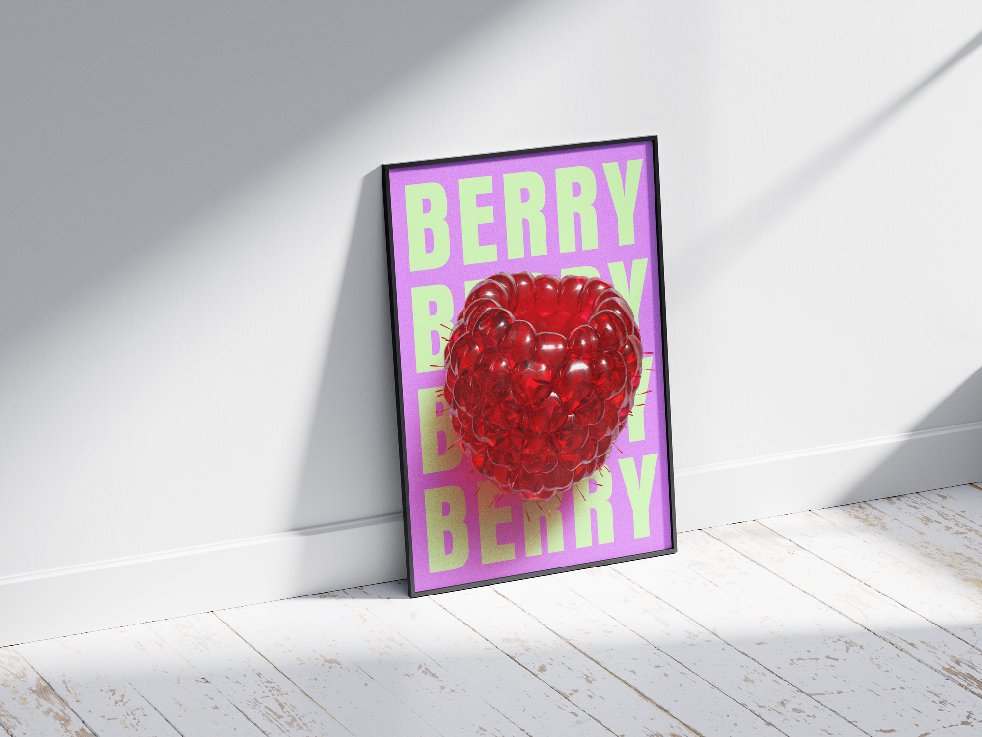 Bold pop art raspberry poster featuring a glossy red raspberry with a 3D glass effect on a vibrant purple and green background, printed on semi-gloss sustainable paper. Perfect wall art for kitchens, dining areas, or modern interiors with a playful and energetic aesthetic.
