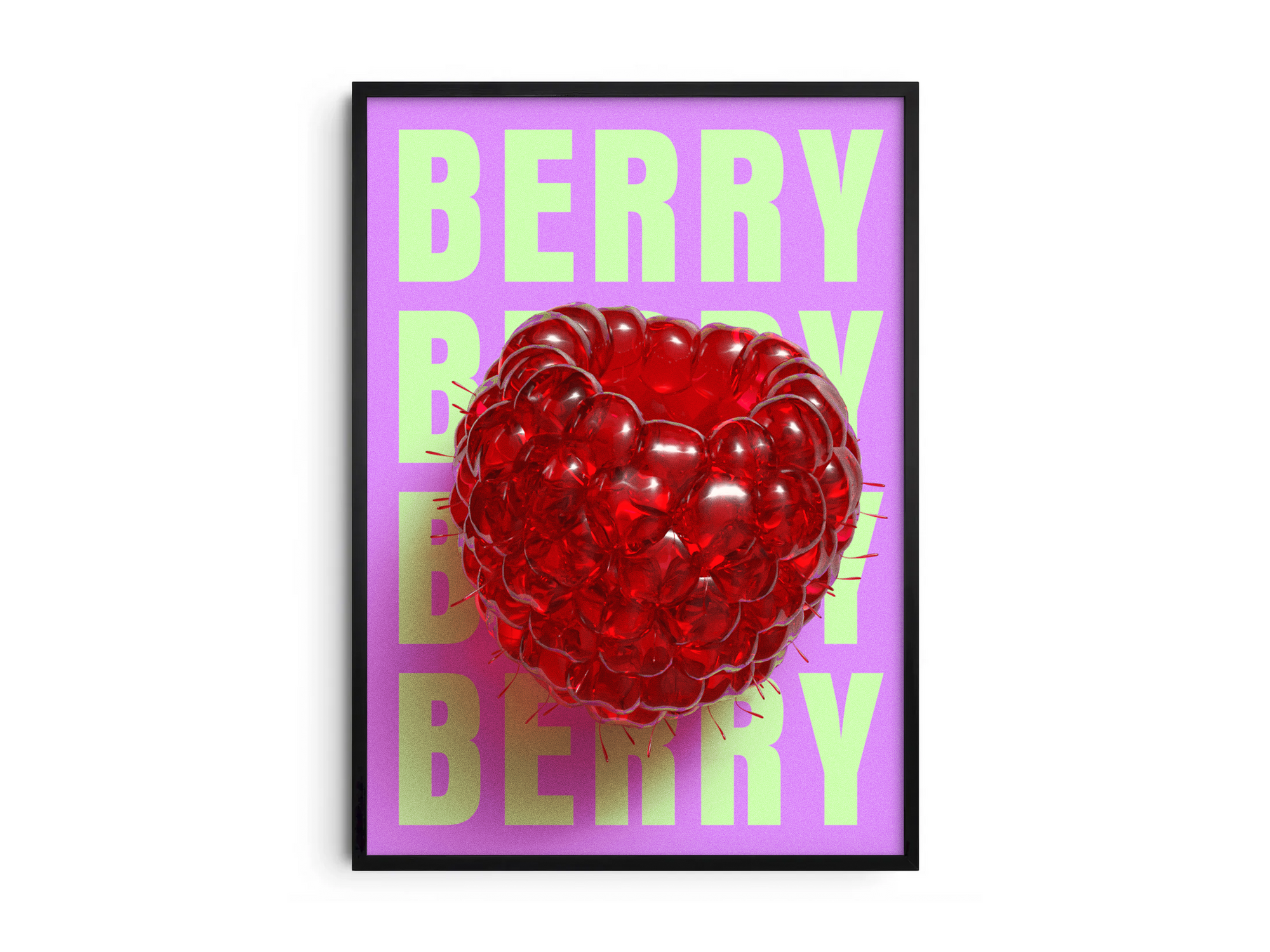 Bold pop art raspberry poster featuring a glossy red raspberry with a 3D glass effect on a vibrant purple and green background, printed on semi-gloss sustainable paper. Perfect wall art for kitchens, dining areas, or modern interiors with a playful and energetic aesthetic.