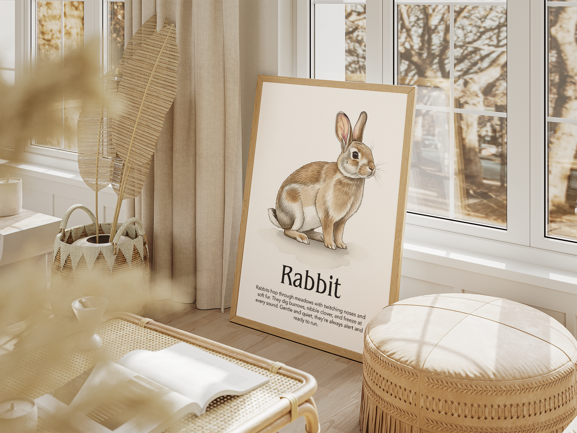 A beautiful, realistic illustration art print of a rabbit sitting, accompanied by a short description of the animal. Perfect for a nursery, child's room, or adding a gentle, nature-inspired touch to a bohemian space. The wood-framed print is leaning in a bright, sunlit corner next to a large window, surrounded by natural elements like a rattan pouf, woven basket, and light-colored curtains.