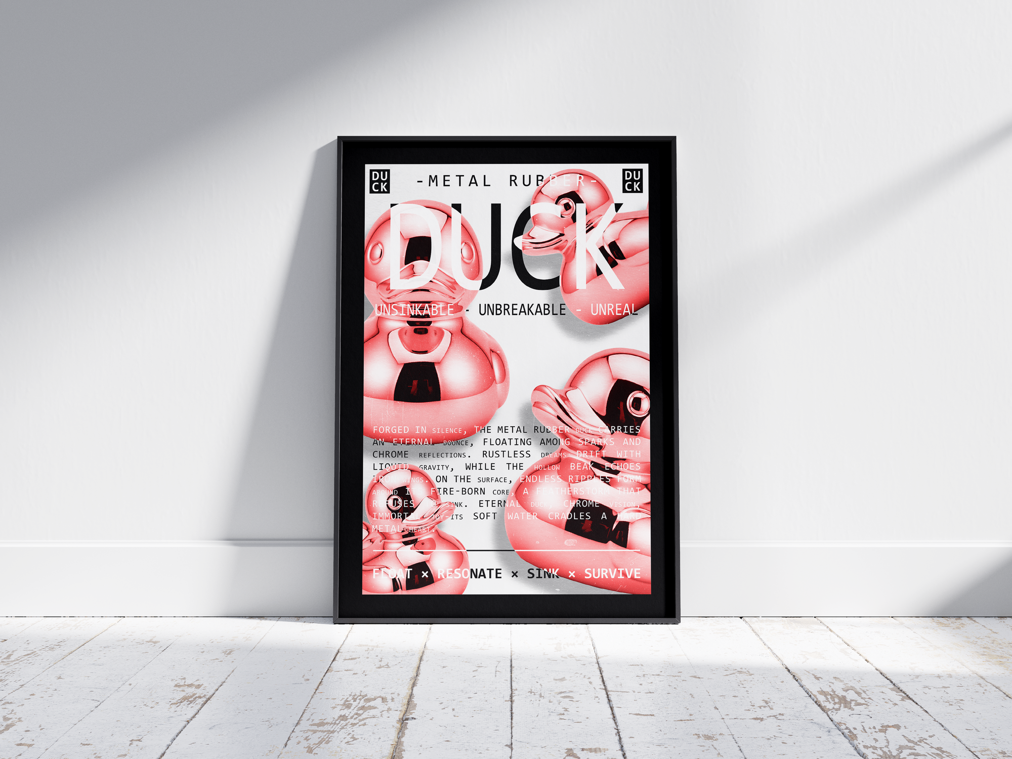Vibrant metallic rubber duck poster featuring a glossy and reflective illustration in various colors. This modern pop art print is perfect for adding a bold and playful statement to living rooms, offices, or minimalist interiors.